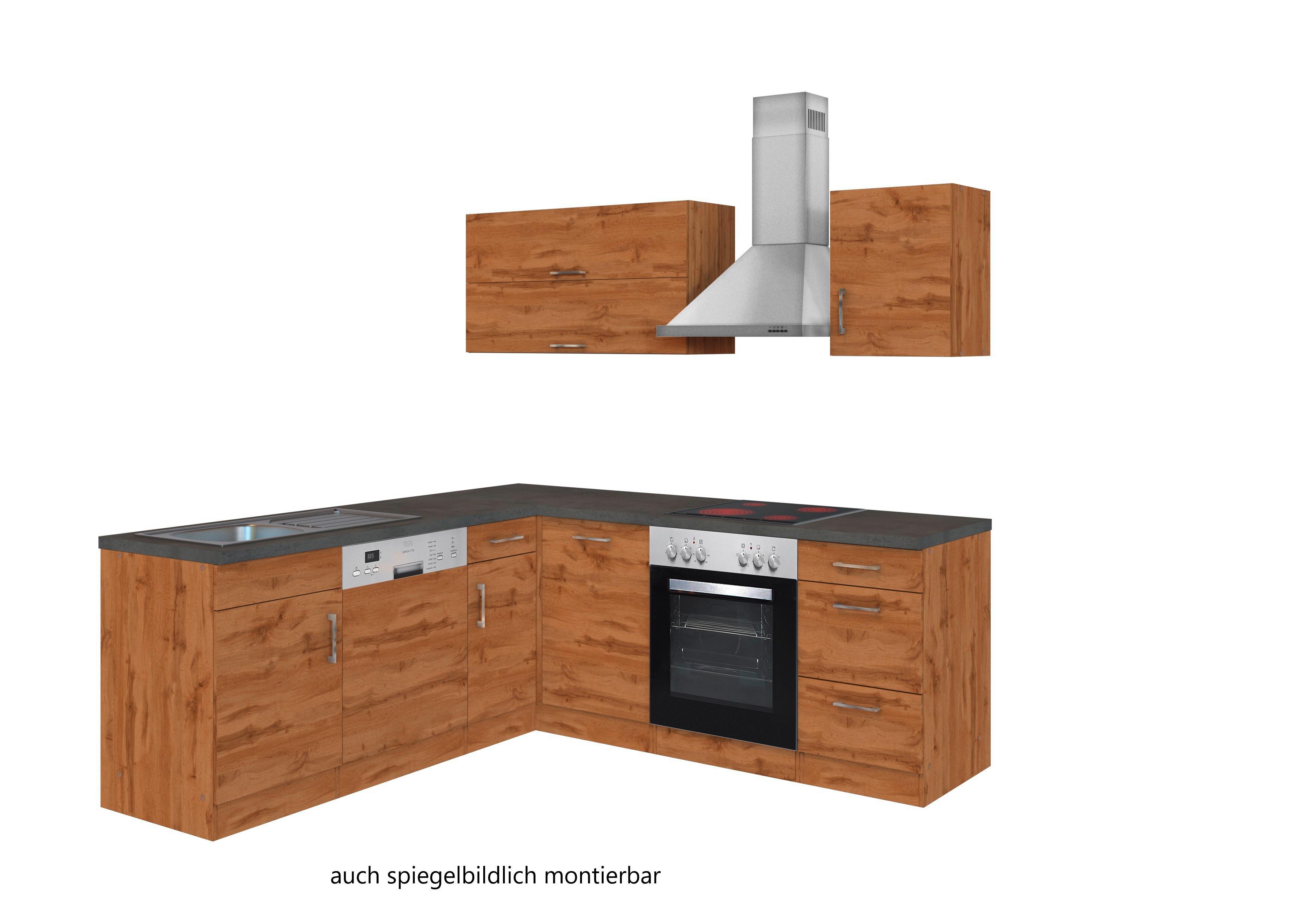 Eckküche Winkelblock mit Geräten ca. 210x210 cm Eiche - Chromfarben/Schieferfarben, MODERN, Holzwerkstoff/Metall (210/210cm) - Held