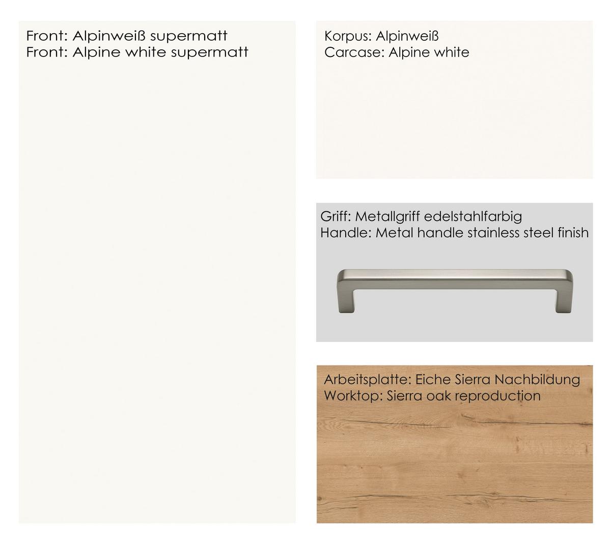 Küchenblock Touch High m. Geräten Weiß - Edelstahlfarben/Eichefarben, MODERN, Holzwerkstoff/Metall (330cm) - Nobilia