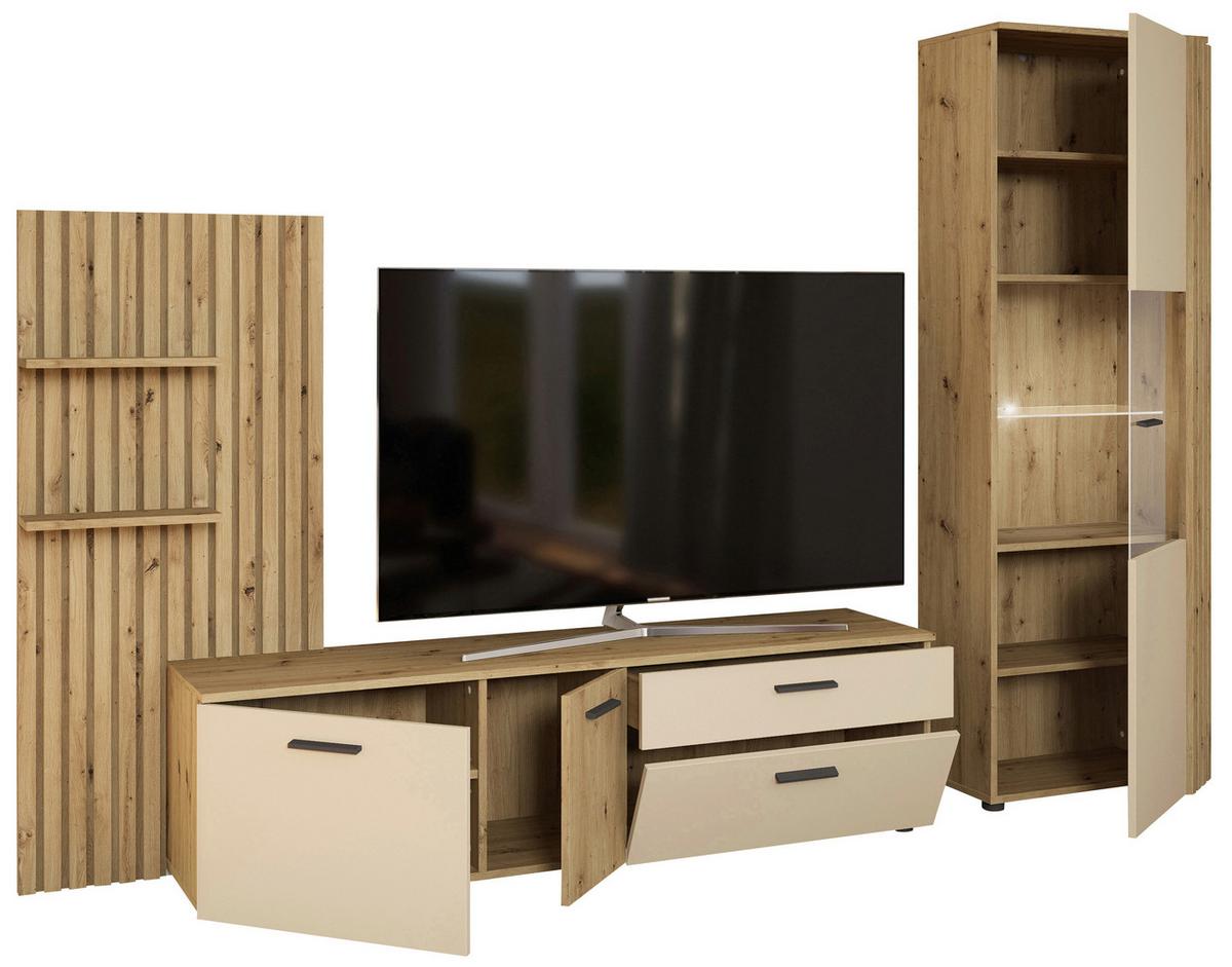 Anbauwand Gatwick Creme/Eiche Artisan - Creme/Schwarz, MODERN, Glas/Holzwerkstoff (280/180/38cm) - Mömax
