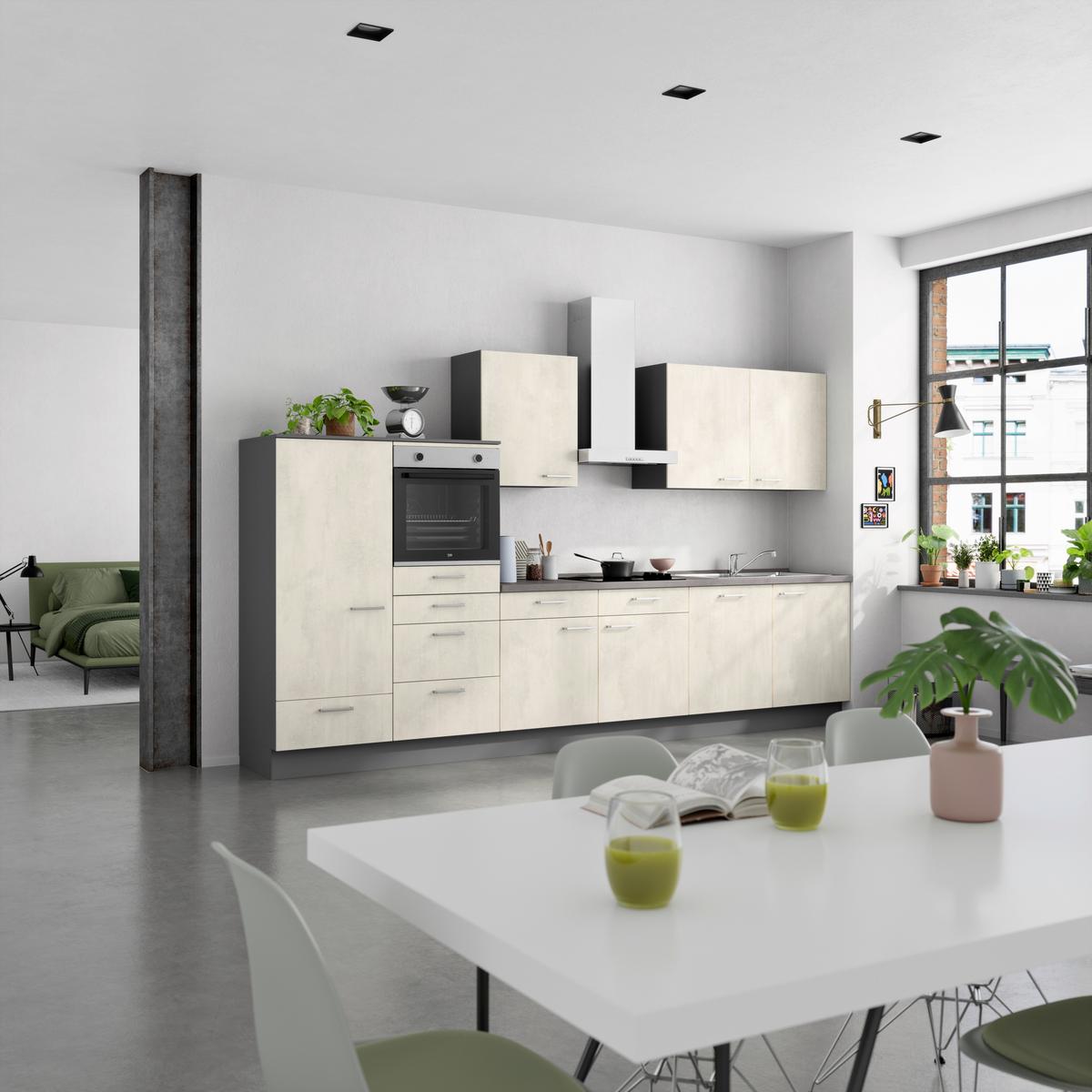 Küchenblock Riva Low m. Geräten Weiß - Schieferfarben/Edelstahlfarben, MODERN, Holzwerkstoff/Metall (360cm) - Nobilia
