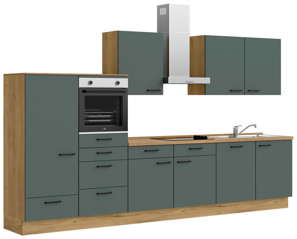 Küchenblock Easytouch Low m. Geräten Dunkelgrün - Dunkelgrün/Eichefarben, MODERN, Holzwerkstoff/Metall (360cm) - Nobilia