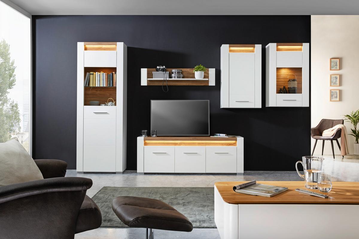 Poliţă de perete Leonardo - alb/culoare lemn stejar, Modern, material pe bază de lemn (120/28/24cm) - Modern Living