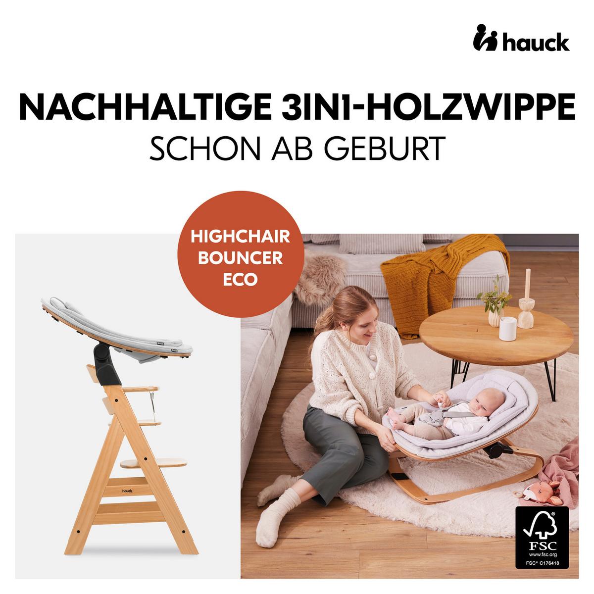 LEŻAK DO WYSOKIEGO KRZESŁA HIGHCHAIR BOUNCER ECO - kolor bukowy/jasnoszary, Basics, drewno/tkanina (50/40/66cm) - Hauck
