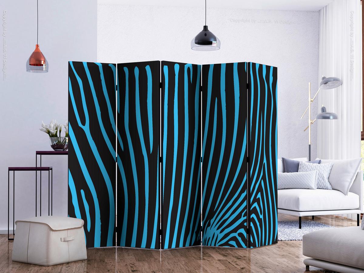 Paravan Zebra Pattern I, 5-Delni, Dvostranski - modra/črna, Basics, tekstil/les (225/172/3cm) - artgeist