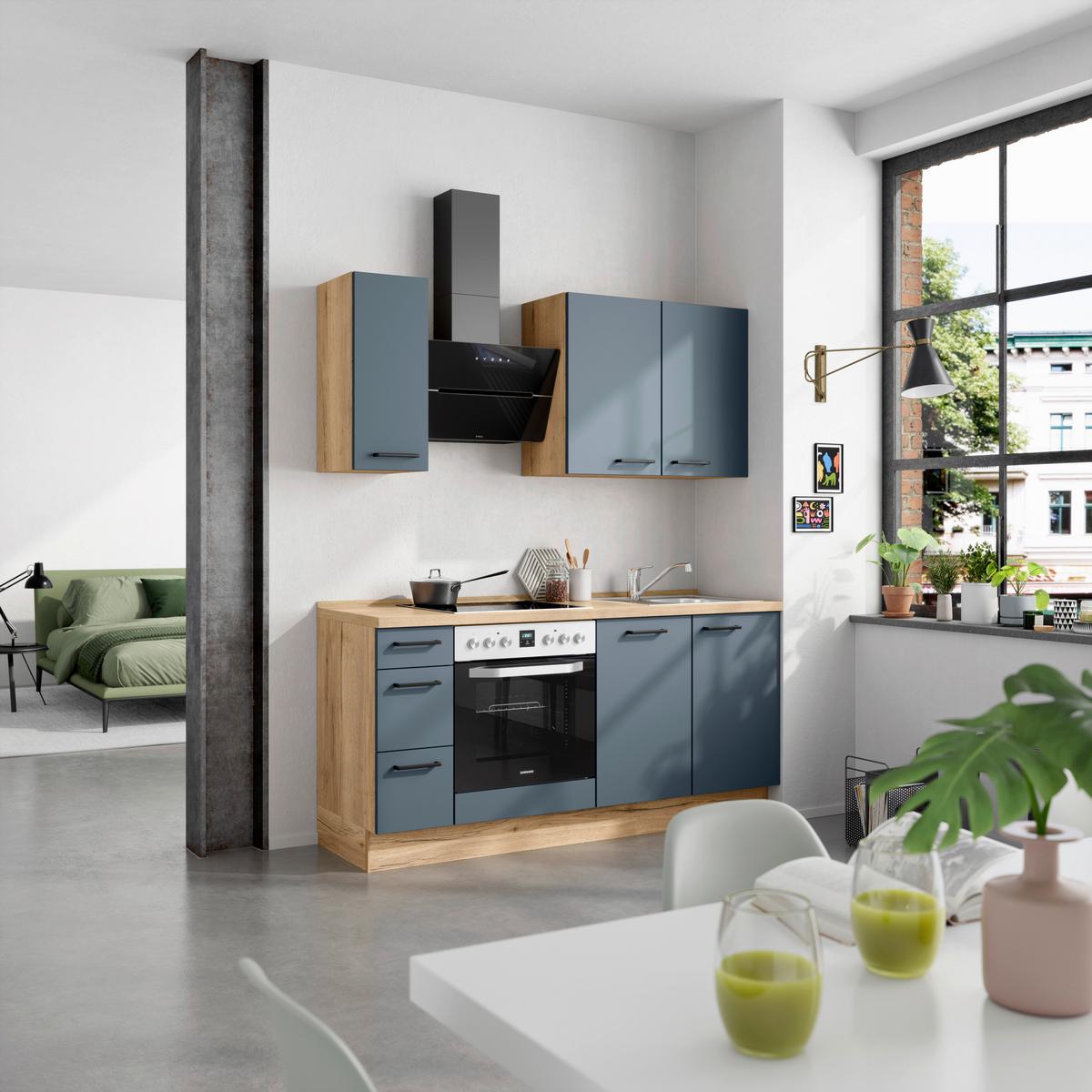 Küchenblock Easytouch High- Line inkl. 3 Geräte Eiche/Blau - Eichefarben/Schwarz, MODERN, Holzwerkstoff/Metall (180cm) - Nobilia