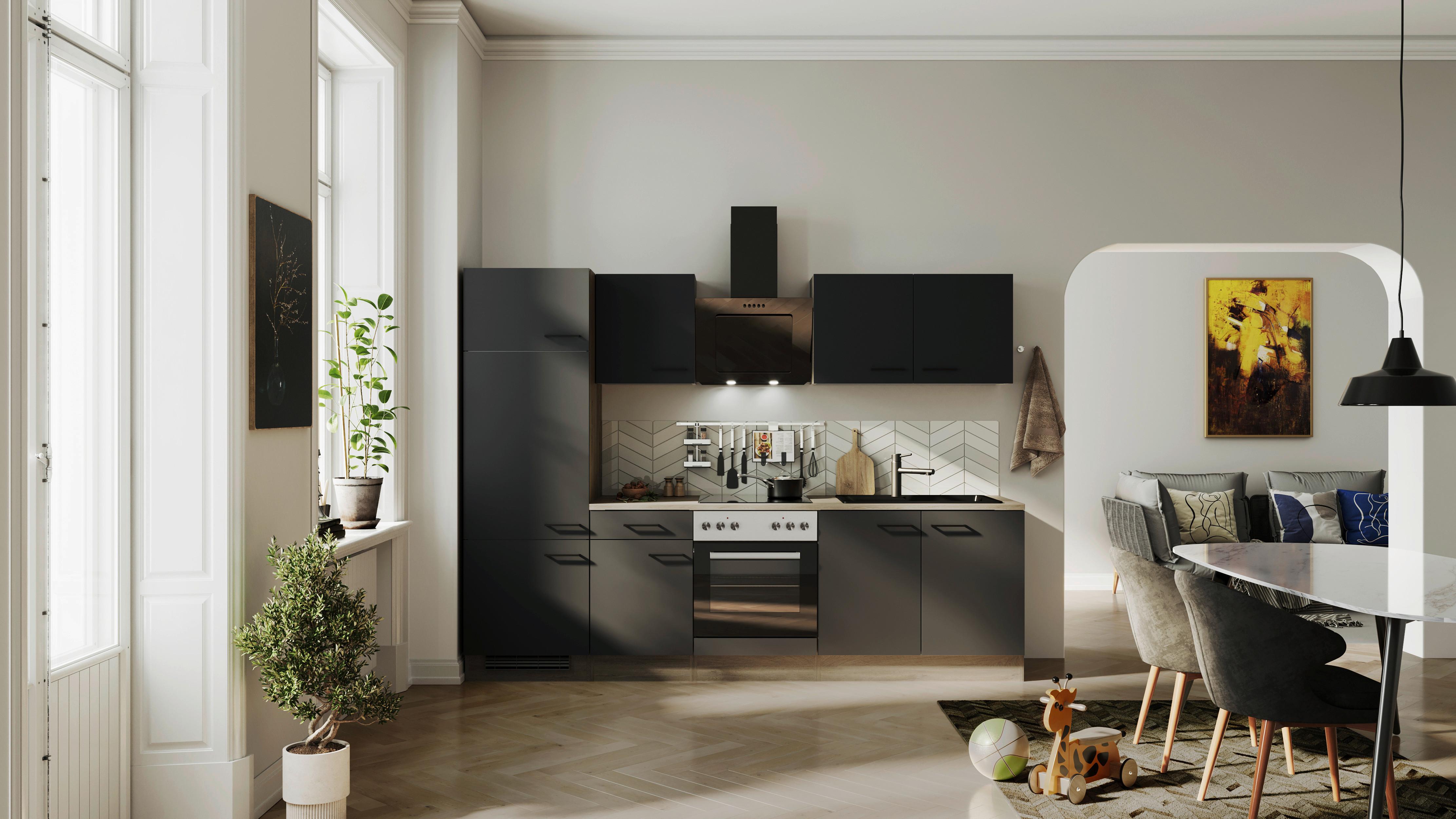 Kuhinjski Blok Z Aparati Capri, Črna, Barva Hrasta - črna/barve hrasta, Basics, kovina/leseni material (270cm) - FlexWell