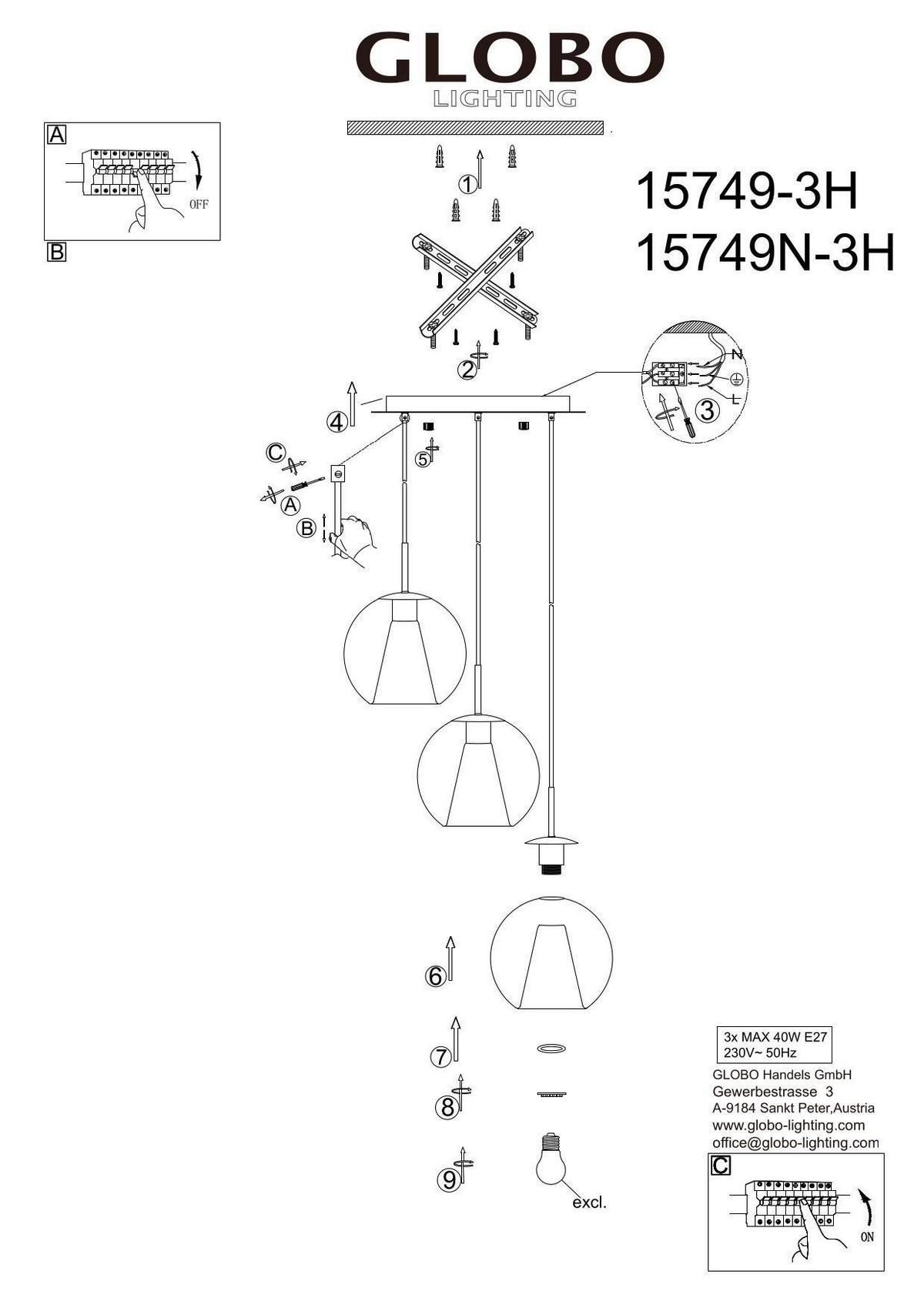 Viseća Svjetiljka Barry - siva/prozirno, Basics, staklo/metal (45/120cm) - Globo