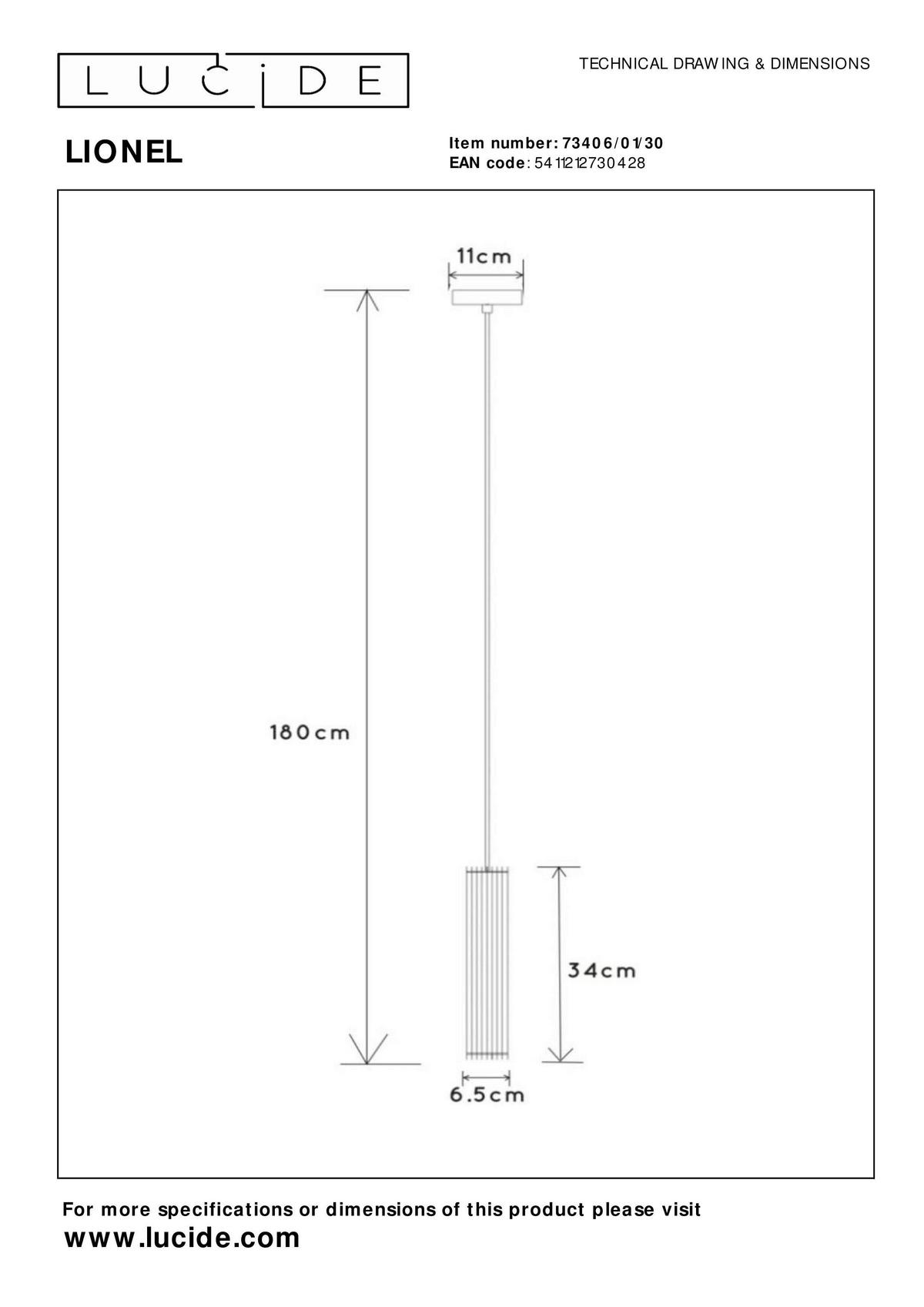 LAMPA WISZĄCA 73406/01/30 LIONEL - czarny, Trend, metal (6.5/11/180cm) - Lucide