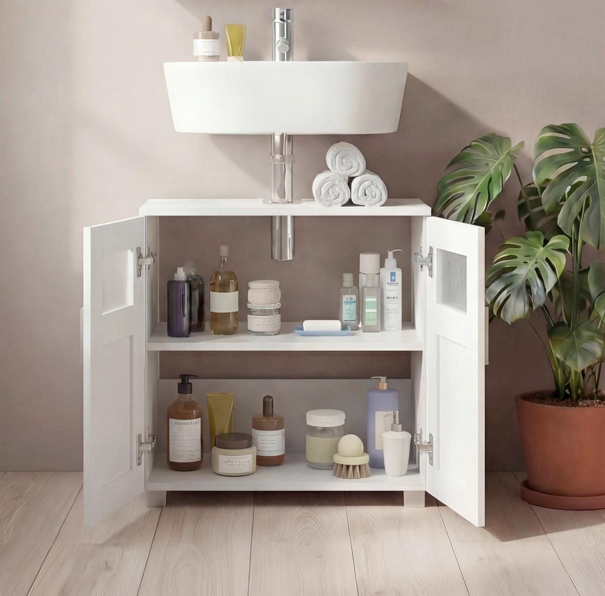 Waschbeckenunterschrank Nilari - Weiss/Silberfarben, Trend, Glas/Holzwerkstoff (60/60/29cm) - MID.YOU