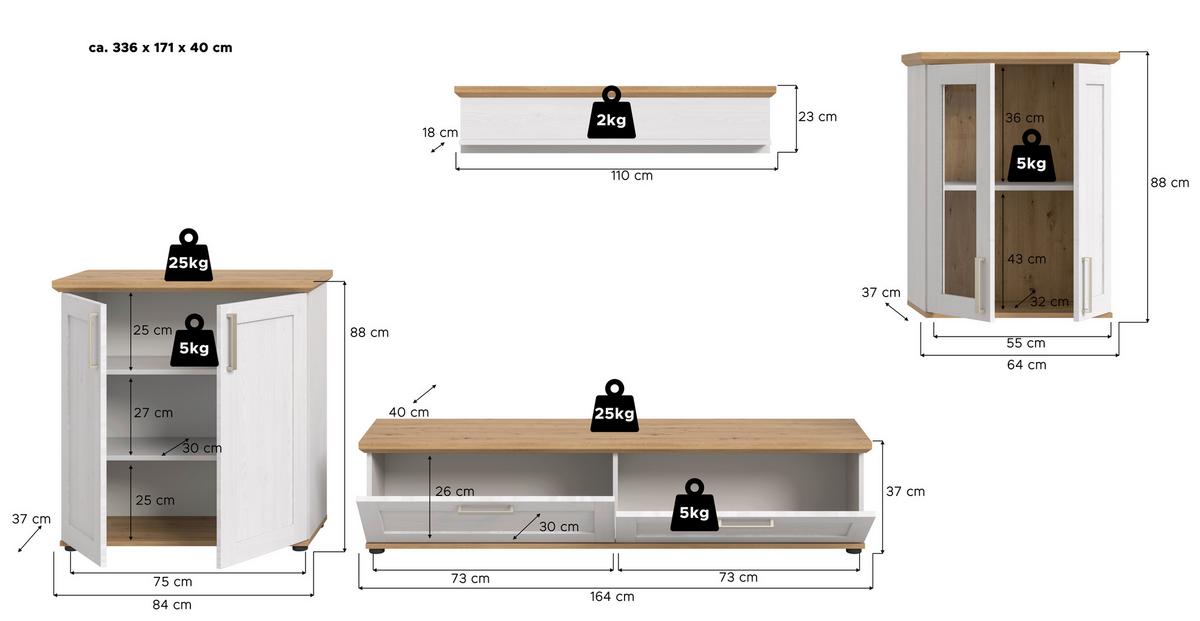 Dnevni Regal Verona, Bela, Barva Macesna, 4-Delni - srebrne barve/črna, Design, umetna masa/leseni material (336/161/40cm) - Livetastic