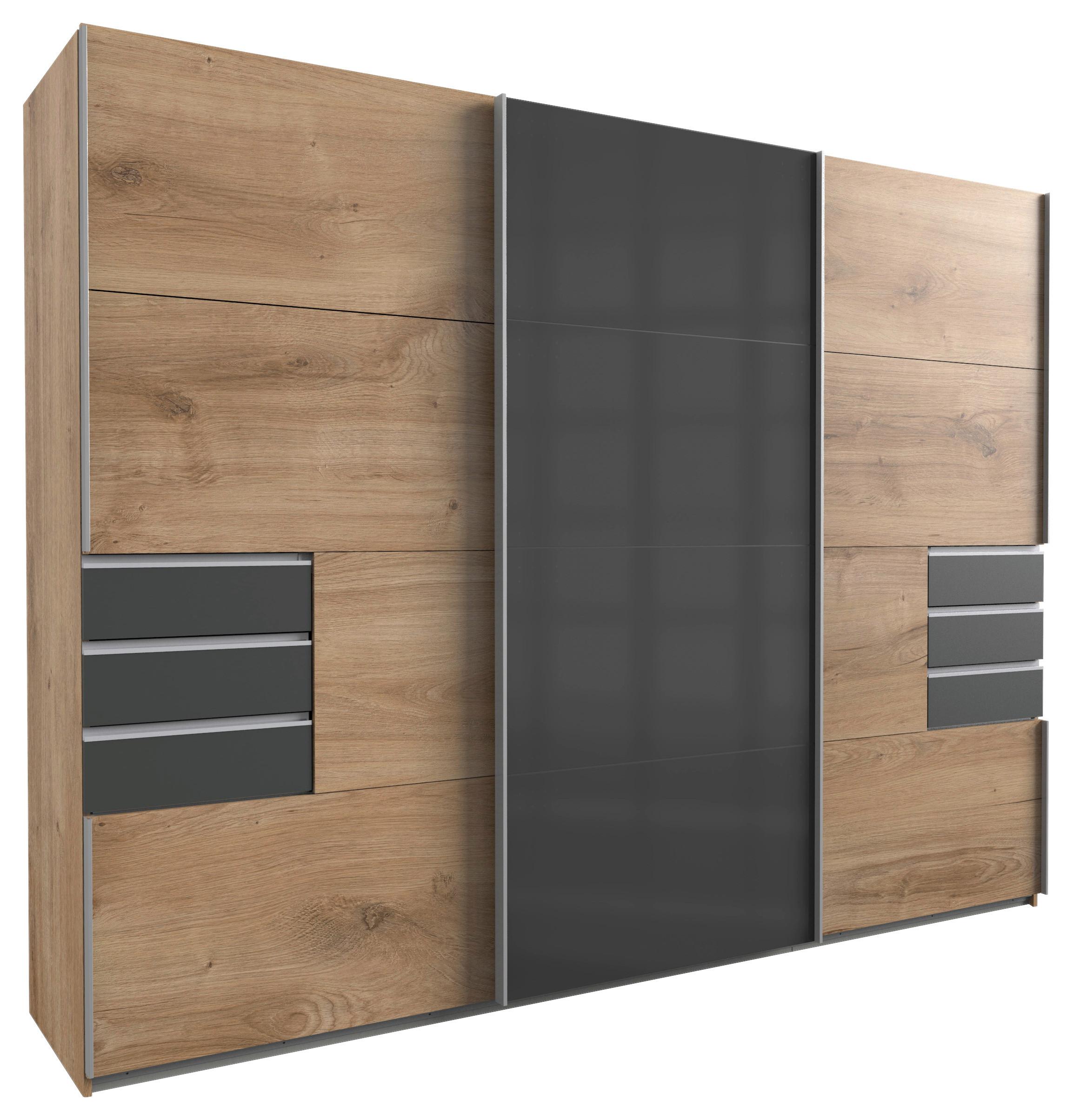 DULAP CU UșI CULISANTE SAIGON - scânduri de stejar/grafit, Konventionell, sticlă/material pe bază de lemn (270/208/64cm) - Premium Living