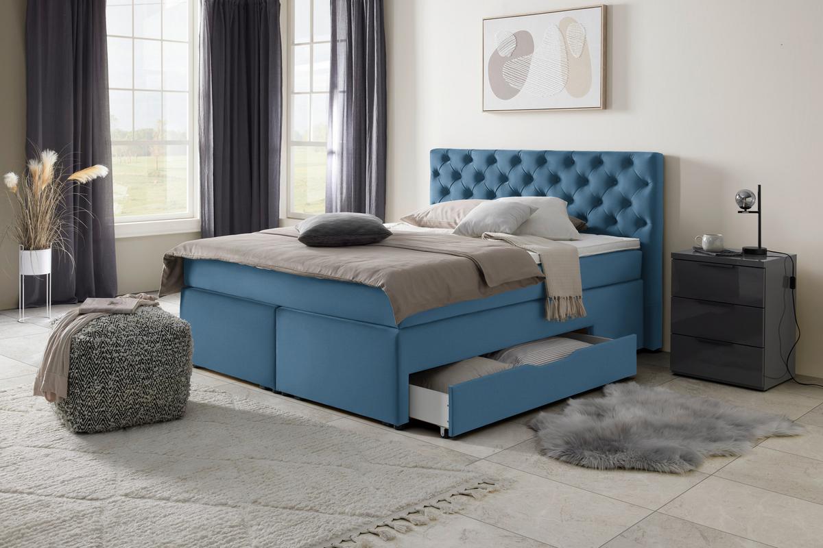 Boxspringbett Blau Ca. 160x200cm - Blau/Schwarz, Holzwerkstoff/Kunststoff (160/200cm) - Mömax