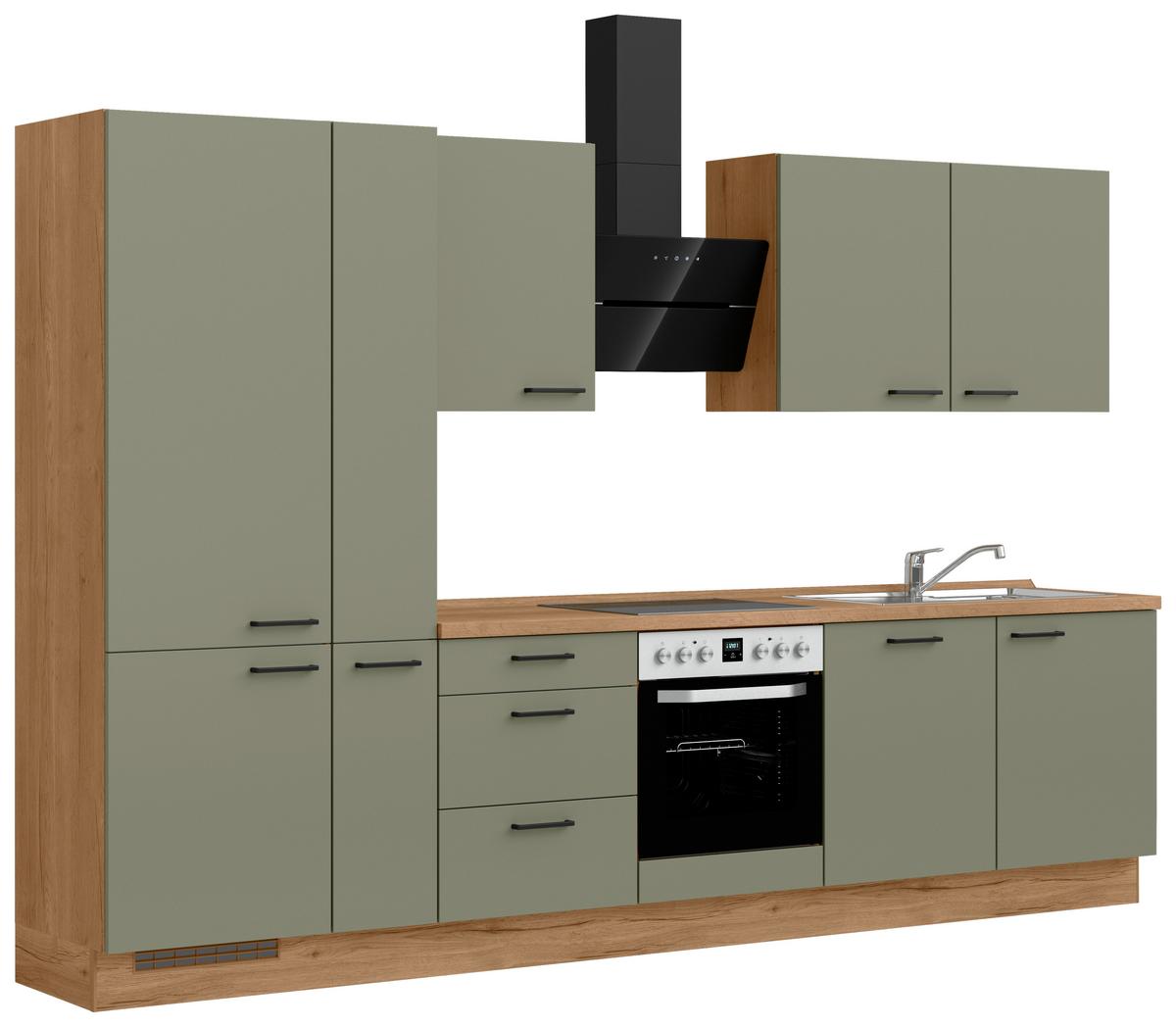 Küchenleerblock Senso High o. Geräte Olivgrün - Eichefarben/Schwarz, ROMANTIK / LANDHAUS, Holzwerkstoff/Metall (330cm) - Nobilia