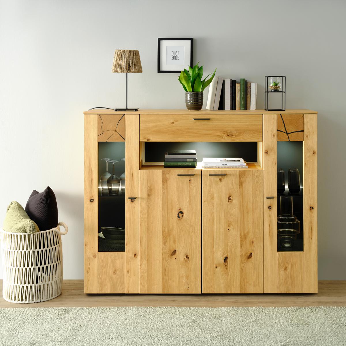 Highboard in Eichefarben - Eichefarben/Schwarz, Modern, Glas/Holzwerkstoff (154/130/41cm) - Premium Living