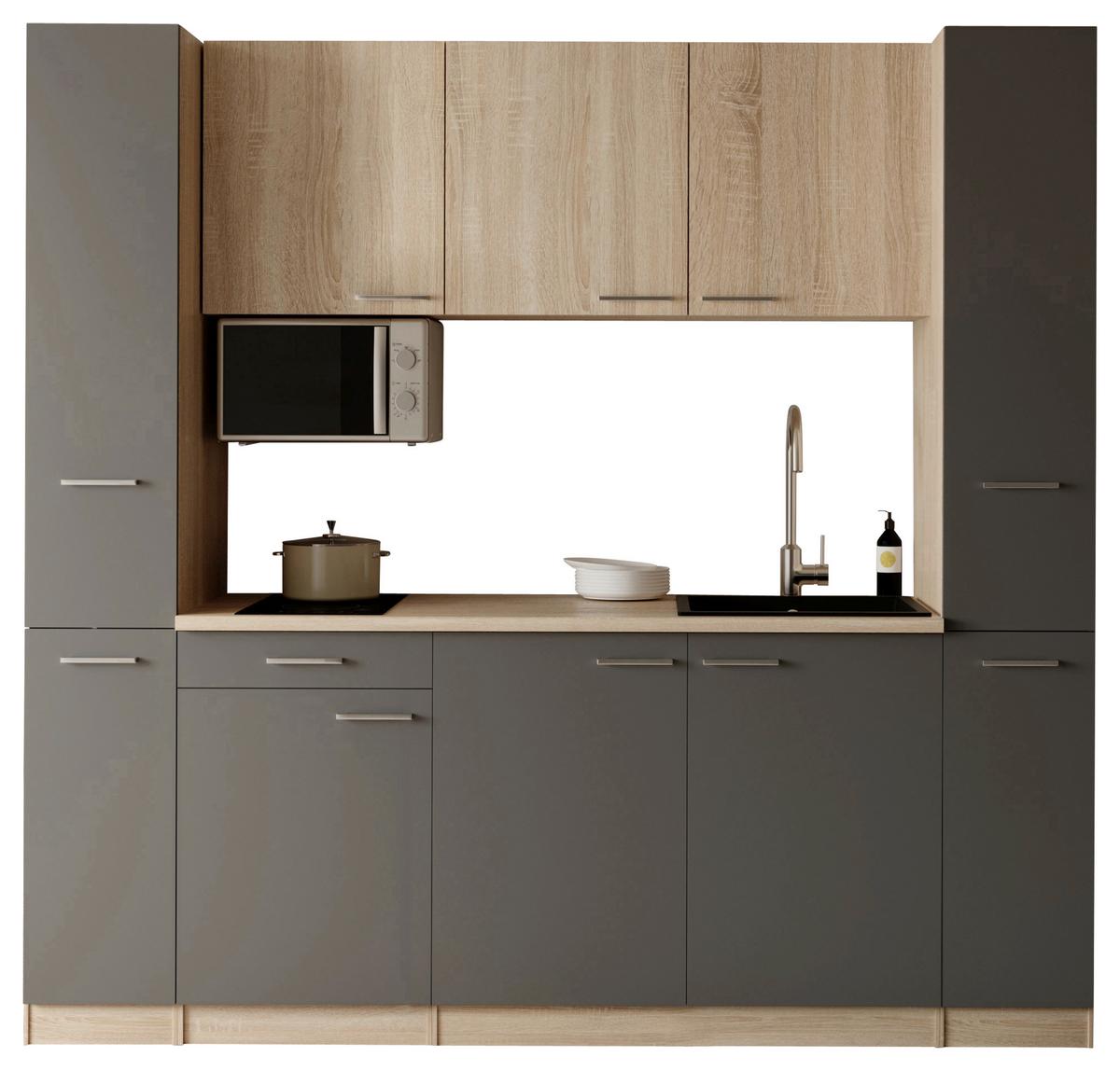Küchenblock Ingrid m. Geräten Grau - Eichefarben/Alufarben, Design, Holzwerkstoff/Kunststoff (210cm) - Respekta