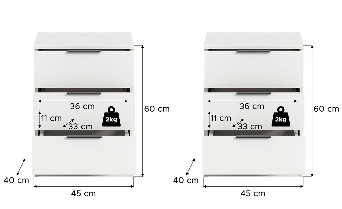 Nachtkästchenset KOPENHAGEN ca.45x60x40cm Weiß - Schwarz/Weiß, MODERN, Holzwerkstoff/Kunststoff (45/60/40cm) - MID.YOU
