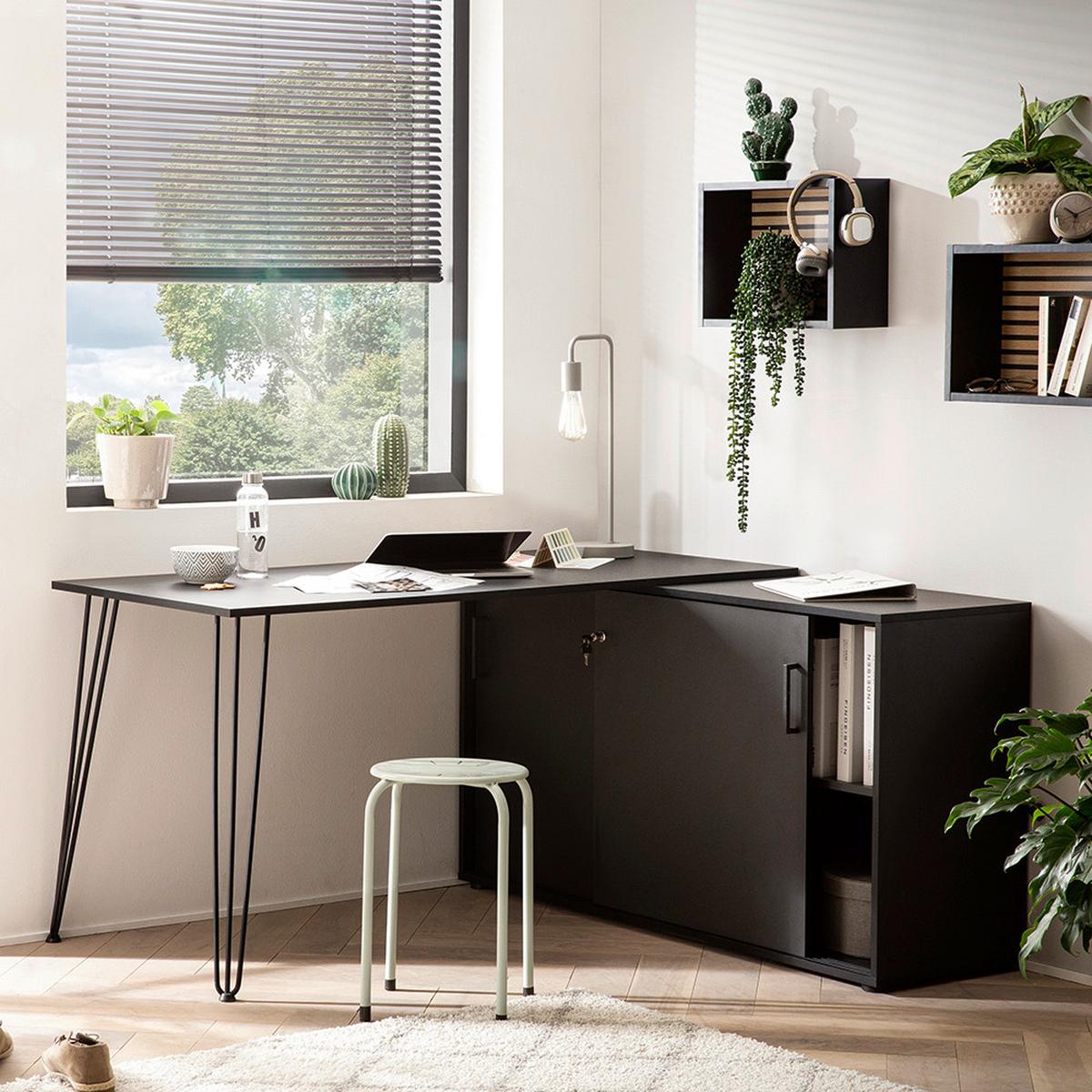 Eckschreibtisch Ekko Schwarz - Schwarz, MODERN, Holzwerkstoff/Metall (145/129,5/73,8cm) - MID.YOU