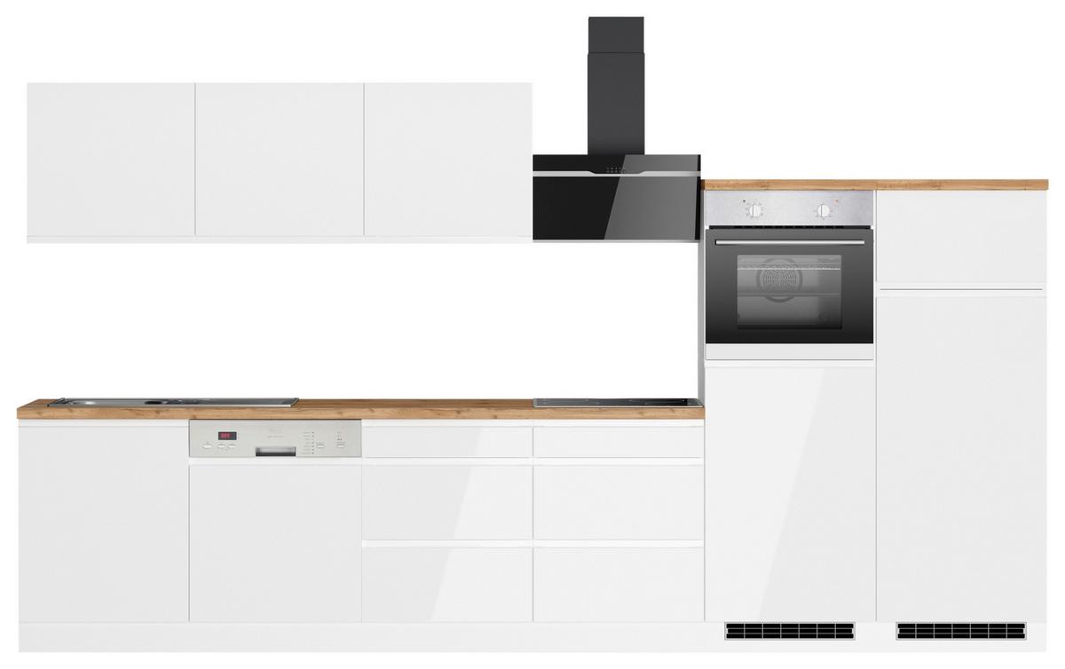 Küchenzeile Monza mit Geräten ca. 360 cm Weiß/Eiche - Weiß Hochglanz/Eiche Wotan, LIFESTYLE, Holzwerkstoff (360cm) - Held
