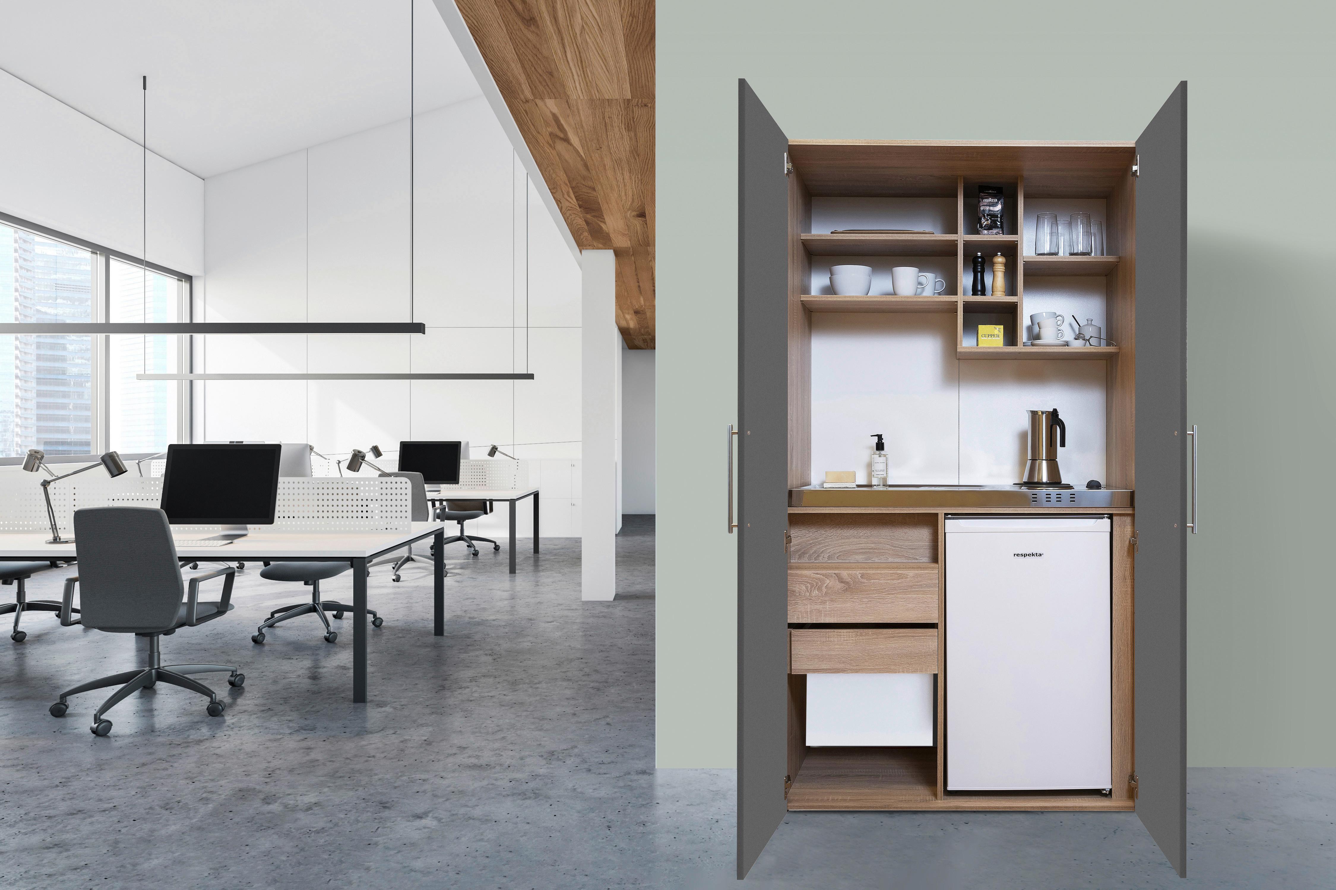 Schrankküche Grau Kühlschrank + Kochfeld  B: ca. 104 cm - Edelstahlfarben/Eichefarben, KONVENTIONELL, Holzwerkstoff/Metall (104/193/67cm) - Respekta
