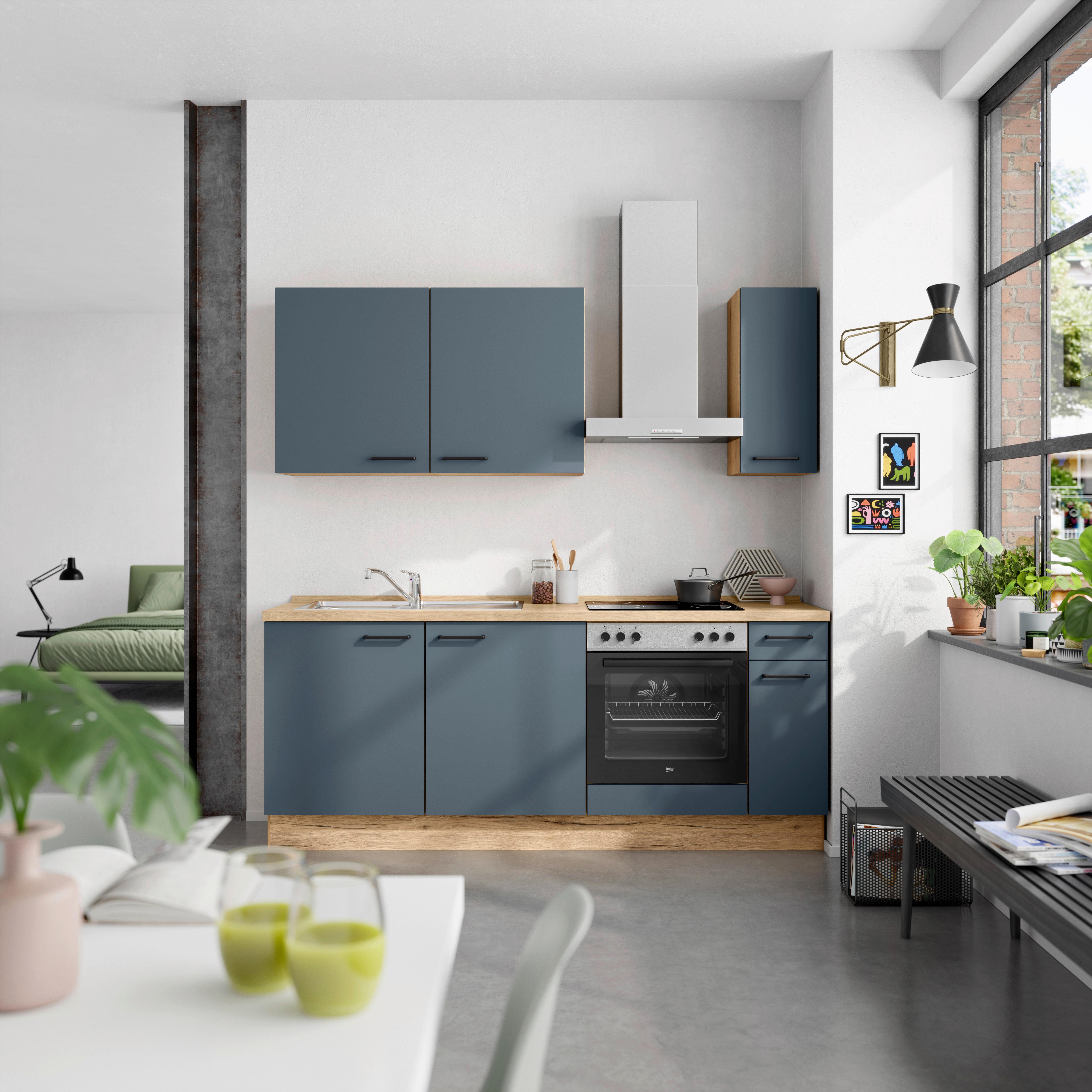 Küchenblock Easytouch Low m. Geräten Dunkelblau - Eichefarben/Schwarz, MODERN, Holzwerkstoff/Metall (210cm) - Nobilia