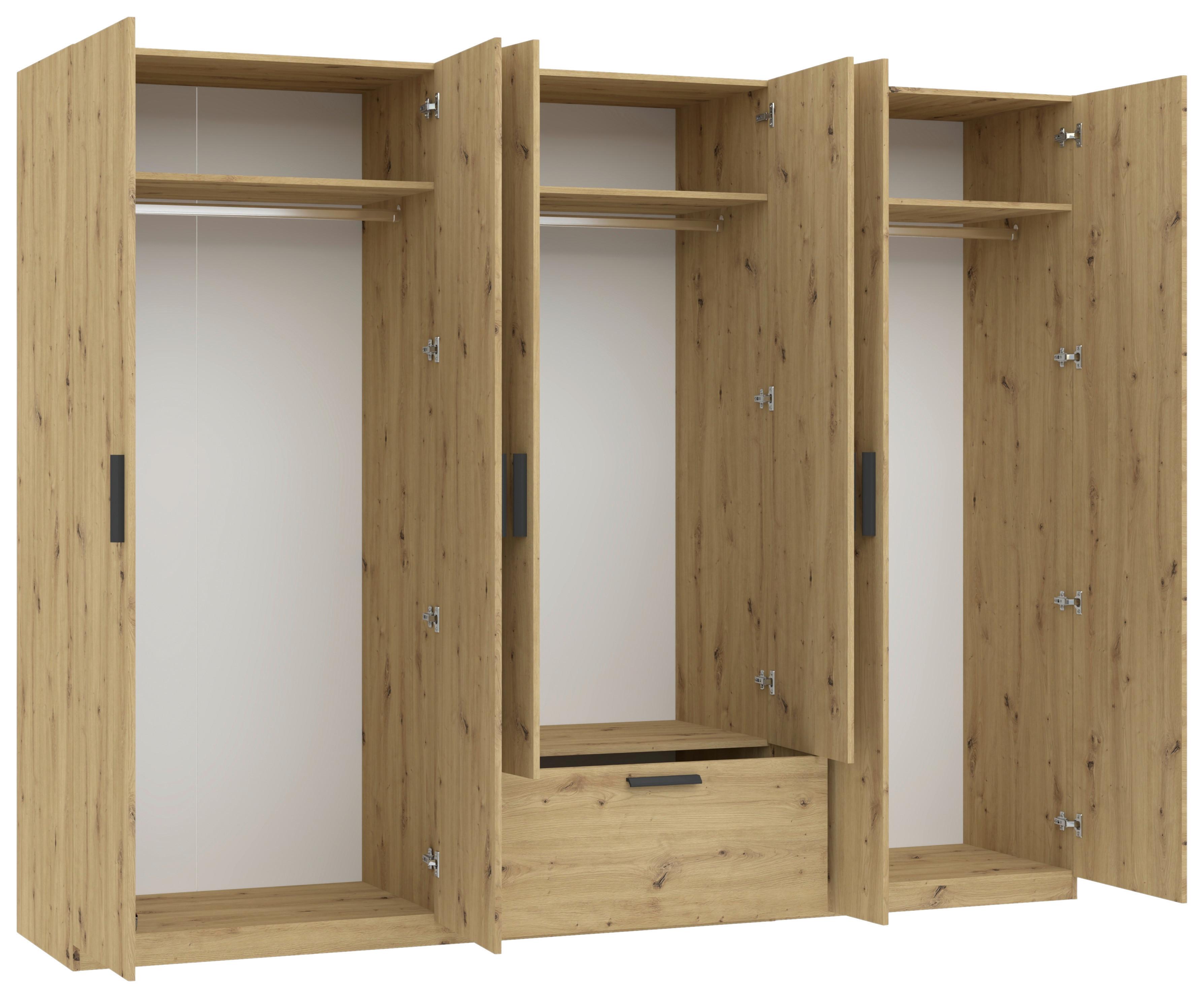 GARDEROB MED GÅNGJÄRNSDÖRRAR MILOS 6T1S - ek Artisan/svart, Modern, trämaterial/plast (270/210/54cm) - Mömax
