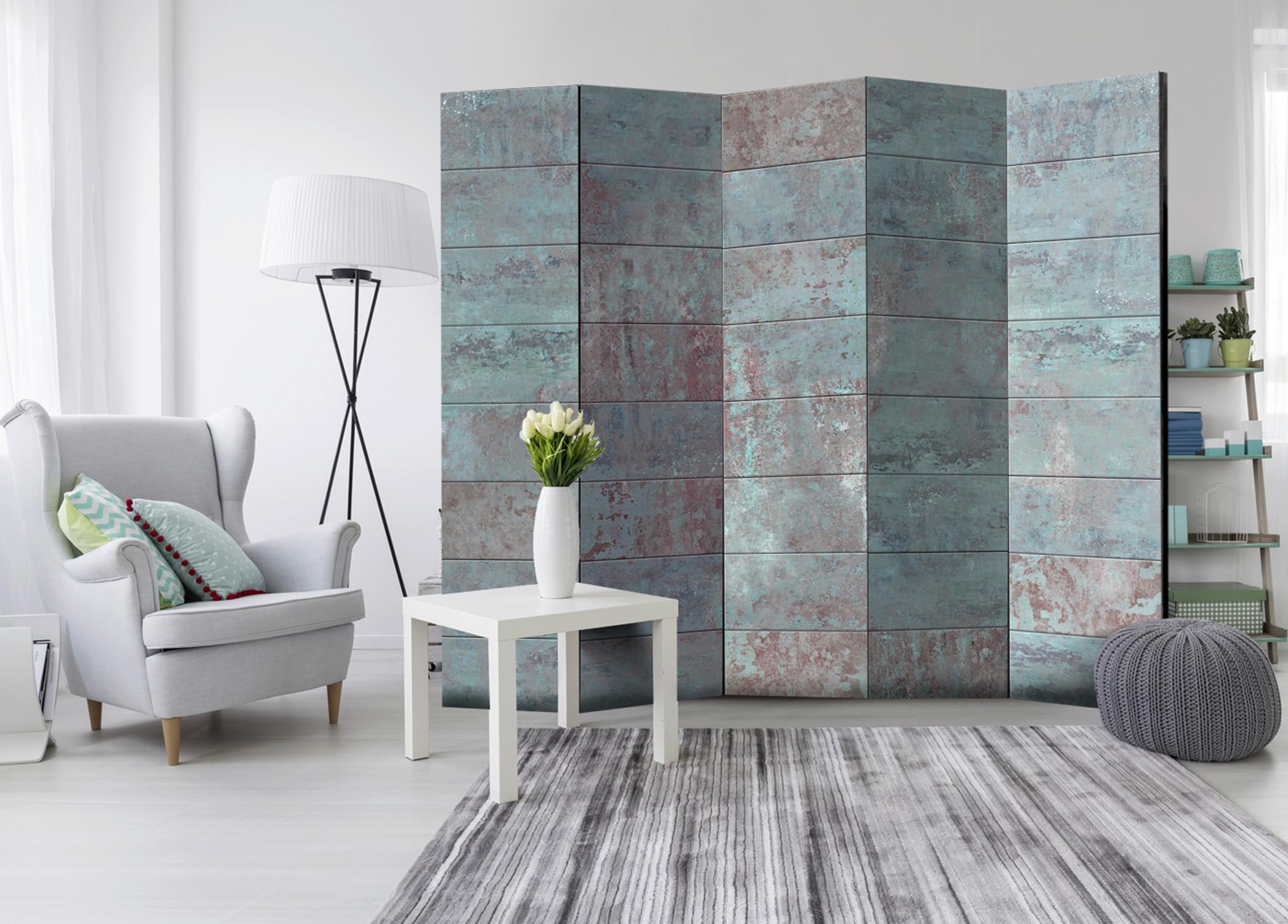 Paravan Turquoise Concrete I, 5-Delni, Enostranski - turkizna/siva, Basics, tekstil/les (225/172/3cm) - artgeist