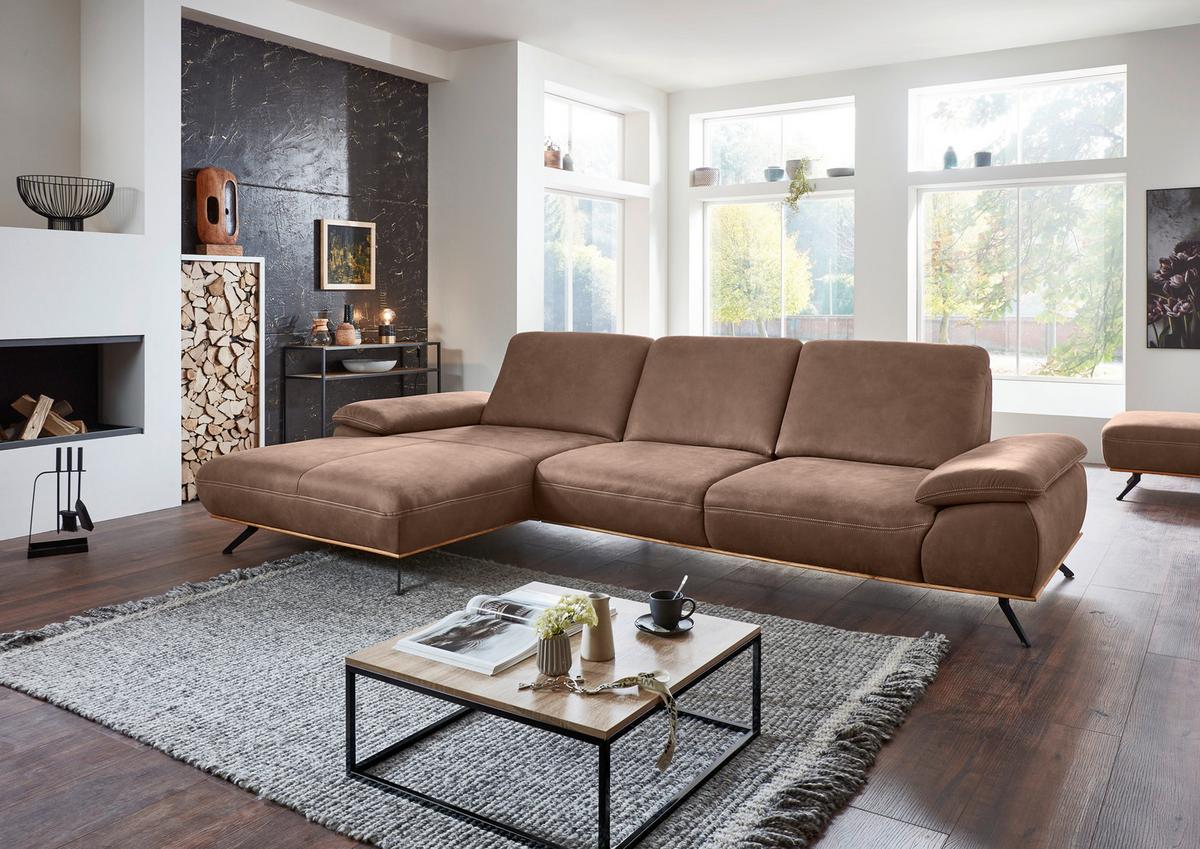 Wohnlandschaft Erling Braun - Beige/Schwarz, MODERN, Leder/Metall (187/89/322cm) - Premium Living