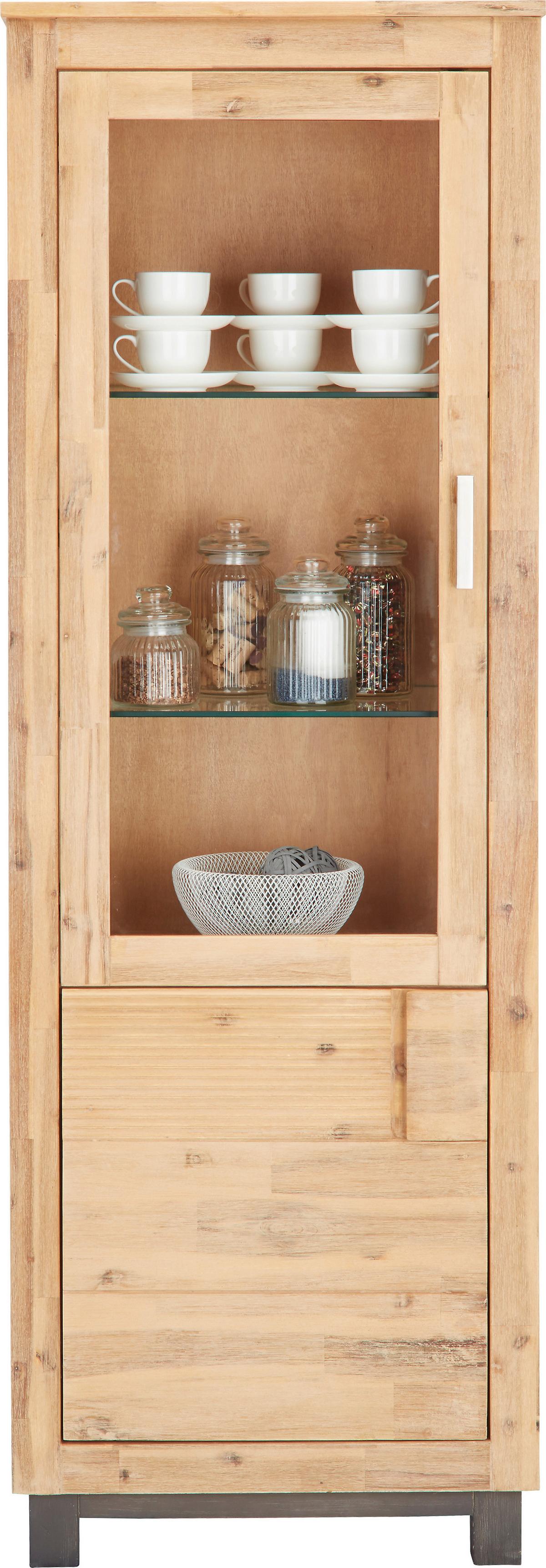 Vitrine aus Akazie teilmassiv - Silberfarben/Akaziefarben, Konventionell, Glas/Holz (65/190/45cm) - Zandiara