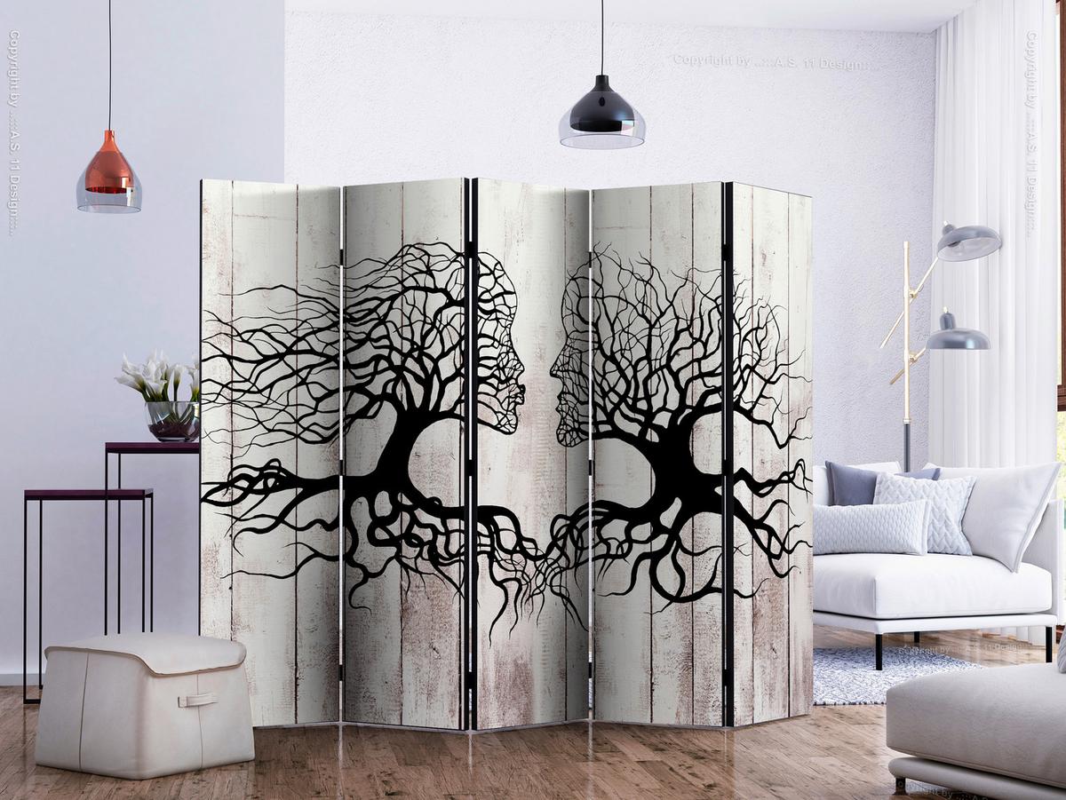 Paravan Kiss Of A Tree I, 5-Delni, Dvostranski - sivobež/črna, Basics, tekstil/les (225/172/3cm) - artgeist