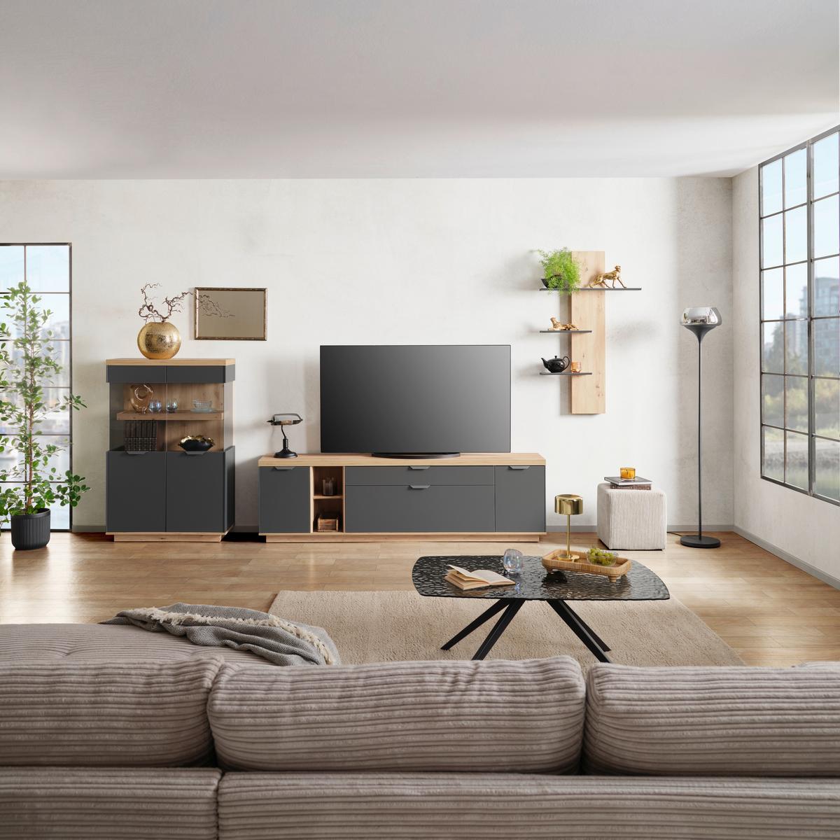 Comodă înaltă JAKE - stejar Artisan/antracit, Trend, sticlă/material pe bază de lemn (89,1/137/38cm) - Modern Living