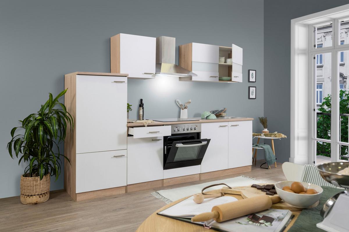 Küchenzeile Economy o. Geräte Weiß/Eiche B: ca. 270 cm - Edelstahlfarben/Eichefarben, Basics, Holzwerkstoff/Metall (270cm) - Respekta