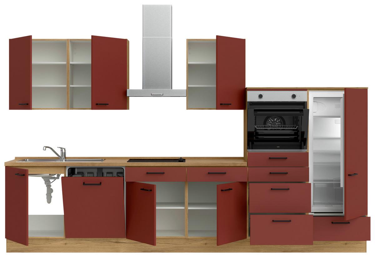 Küchenblock Easytouch Low m. Geräten Dunkelrot - Eichefarben/Schwarz, MODERN, Holzwerkstoff/Metall (360cm) - Nobilia