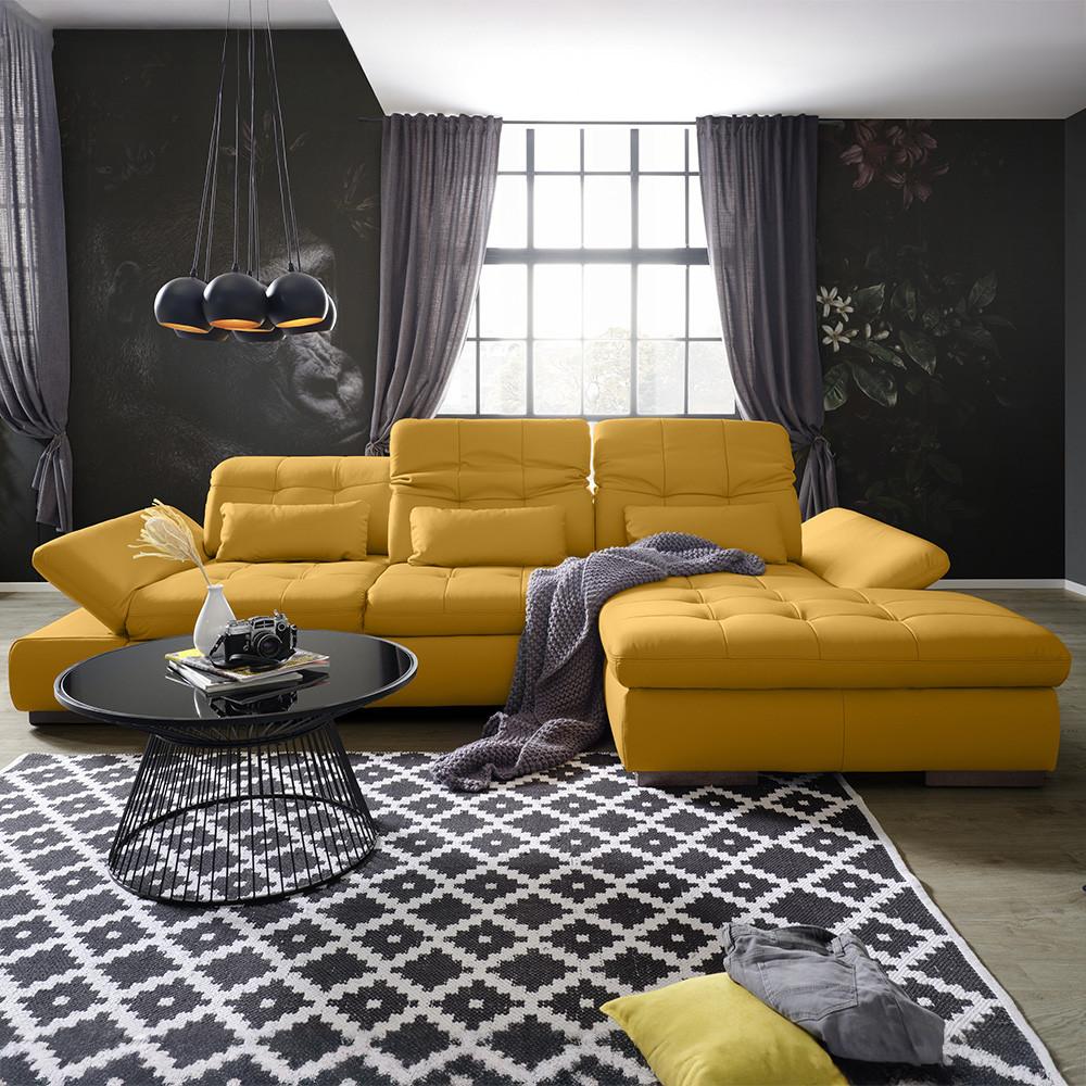 Wohnlandschaft Sanfino Leder Gelb - Chromfarben/Gelb, KONVENTIONELL, Leder/Metall (305/79-96/199cm) - Premium Living