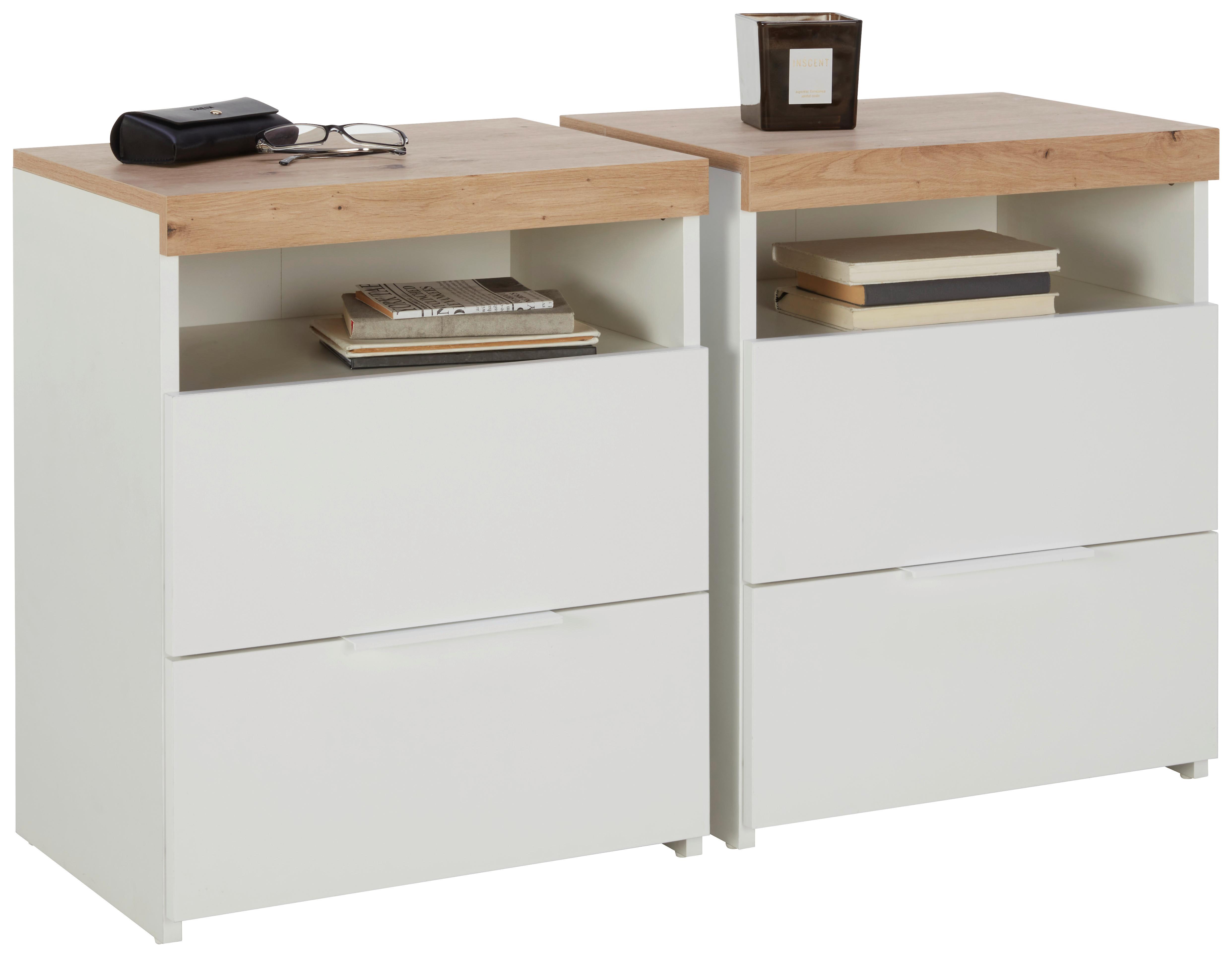 Nachtkästchenset in Weiss/Eiche - Weiss Hochglanz/Weiss, Konventionell, Holzwerkstoff/Metall (50/60/37cm) - Premium Living