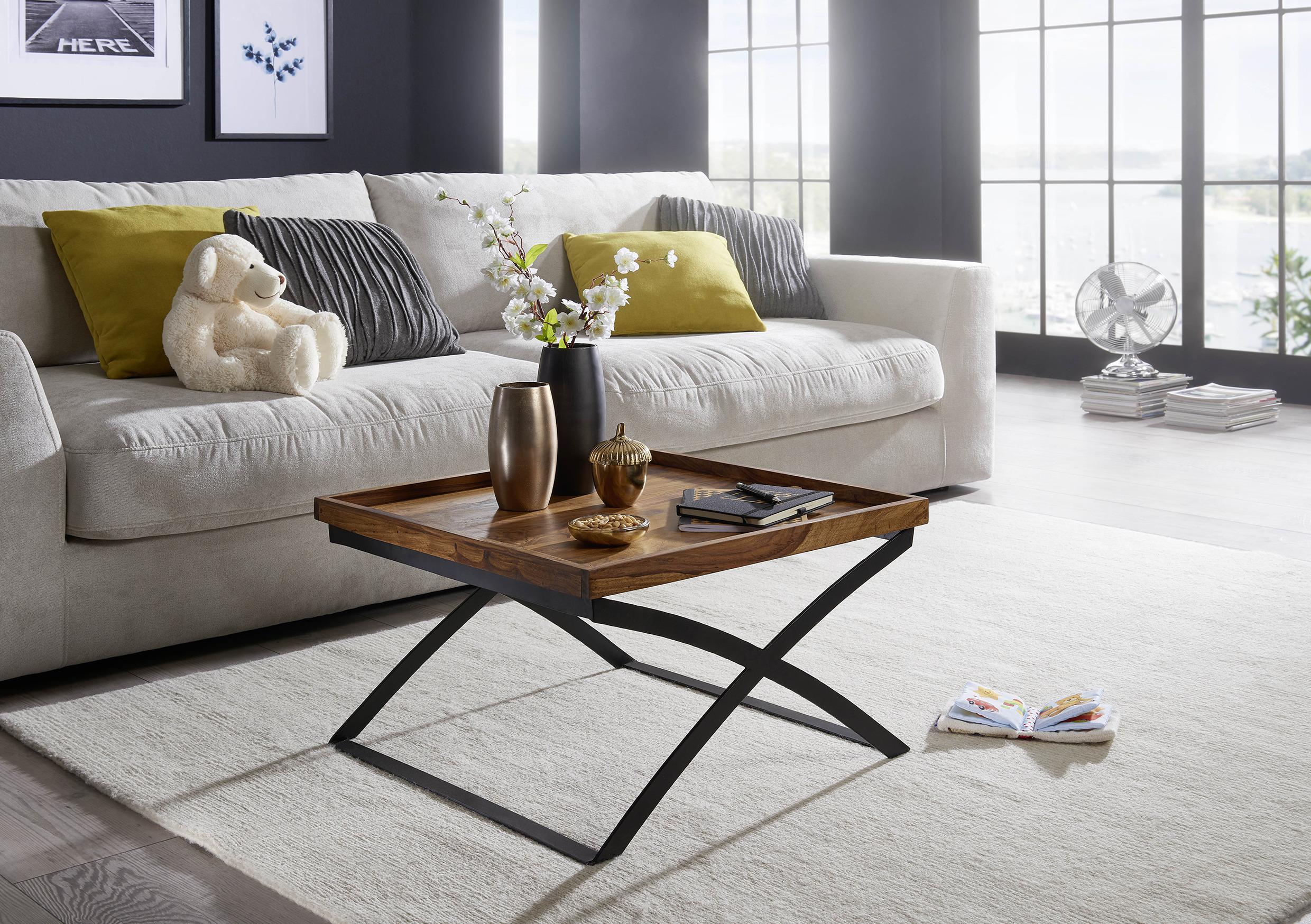 COUCHTISCH ca. 63x63 cm, aus Sheesham - Sheeshamfarben/Schwarz, Design, Holz/Metall (63/63/39cm) - MID.YOU