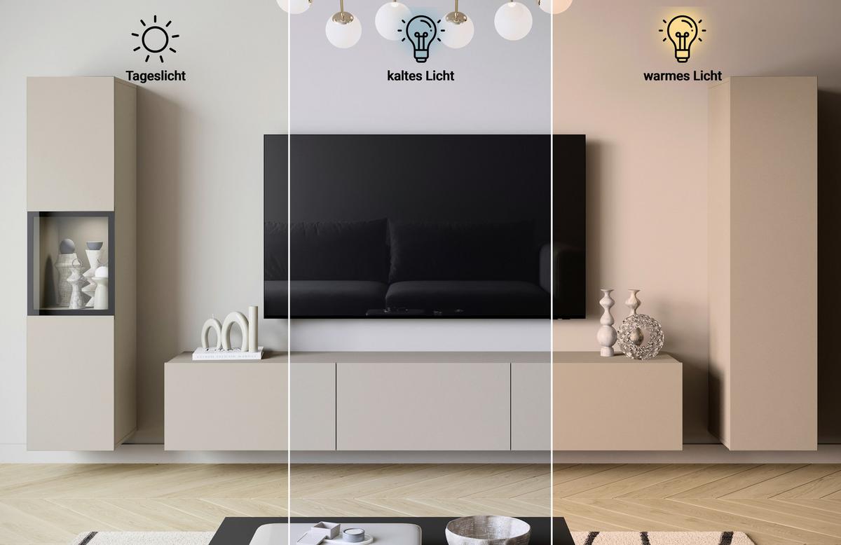 Wohnwand mit LED Berlin III Kaschmir - Kaschmir/Grau, Design, Glas/Holzwerkstoff (240/130/31cm) - P & B