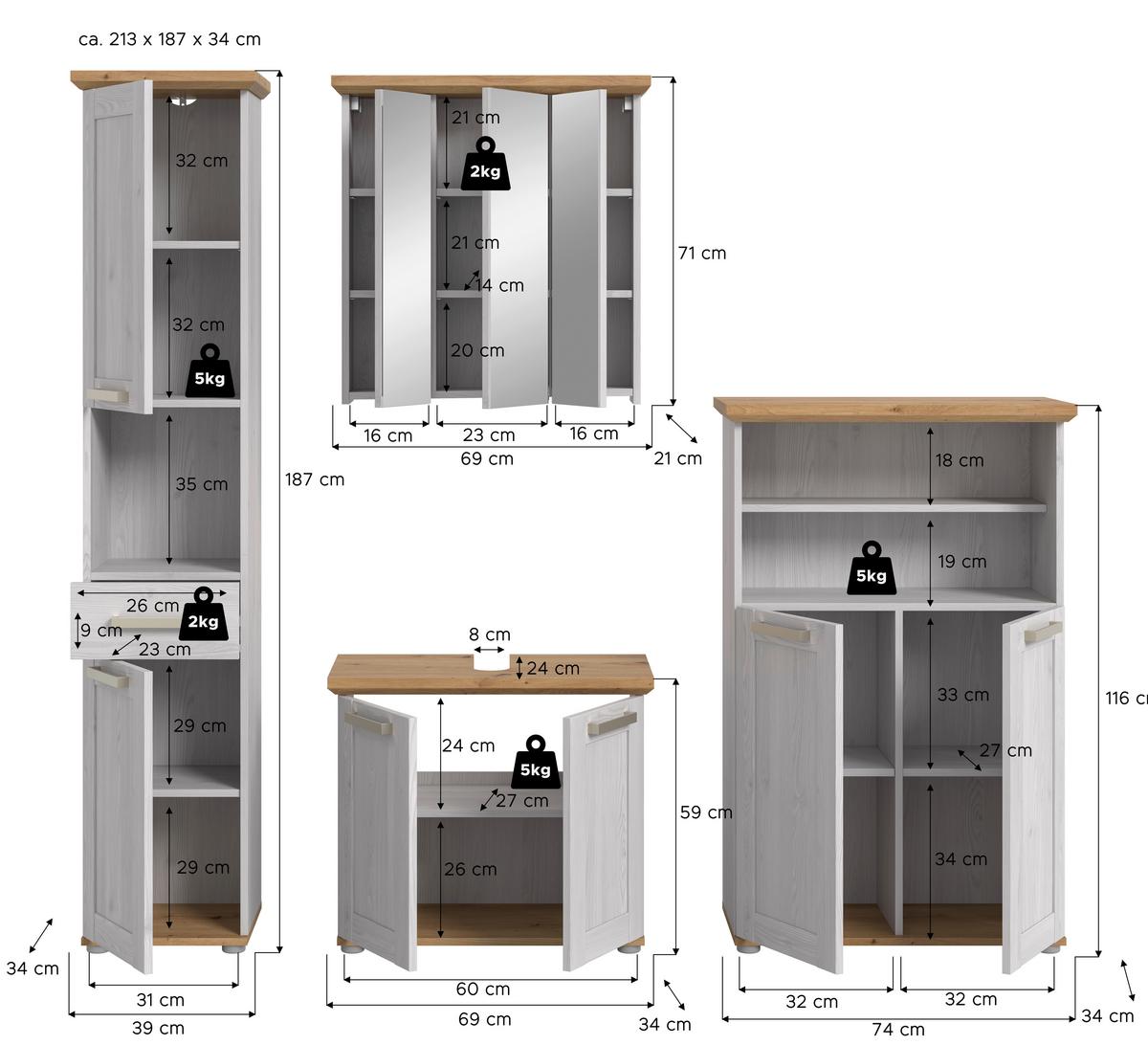 Badezimmer Verona Lärchenfarben/Eiche Artisan - Silberfarben/Lärchefarben, Trend, Glas/Holzwerkstoff (182cm) - MID.YOU