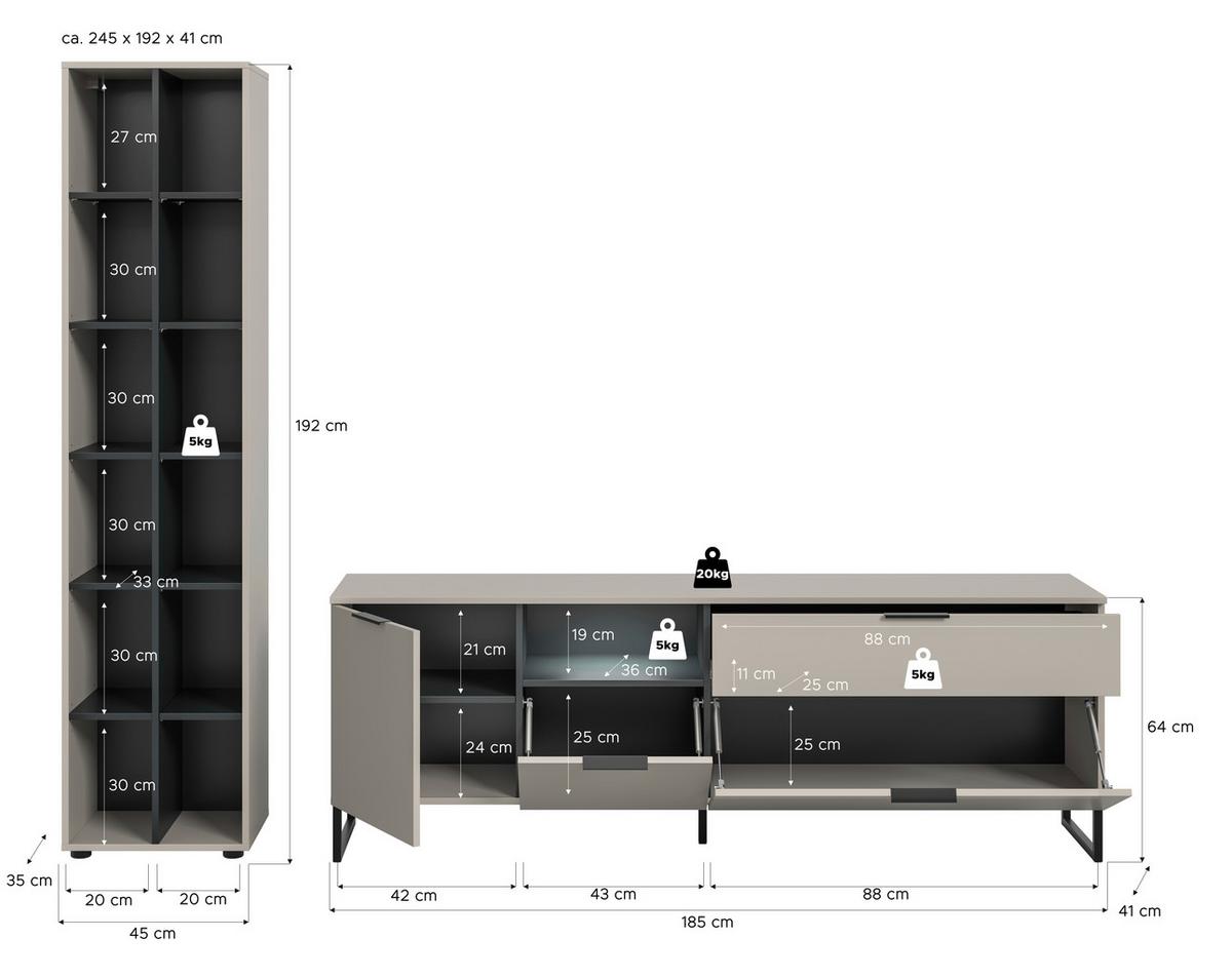 Dnevni Regal Noida, Kašmir, Črna, Osvetlitev, 2-Delni - kašmir/črna, Design, kovina/umetna masa (245/192/41cm) - Livetastic