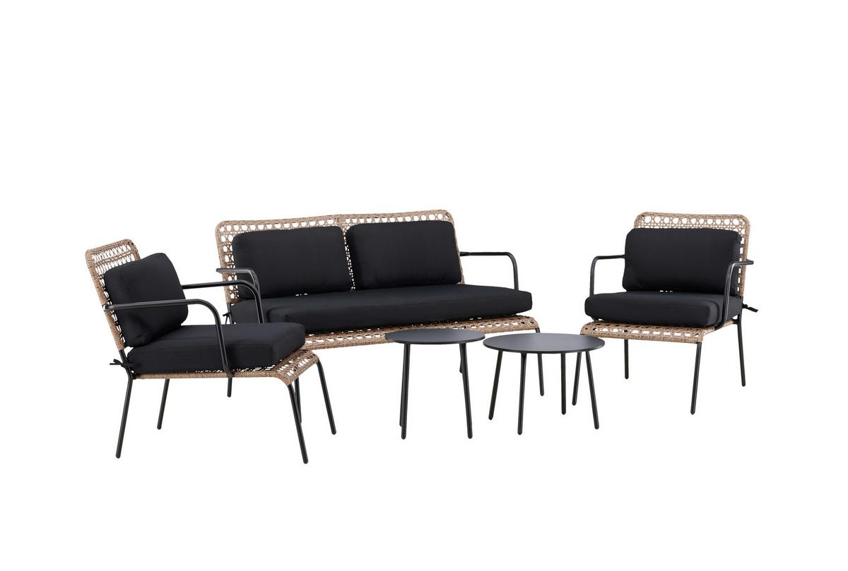 Loungegarnitur Paola 5-tlg. Rattan geflecht - Dunkelgrau/Schwarz, KONVENTIONELL, Naturmaterialien/Holz - Gardenson