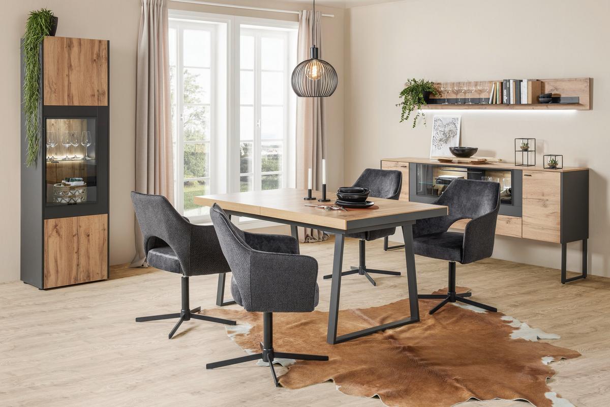 Ausziehtisch in Eichefarben - Eichefarben/Schwarz, Modern, Holzwerkstoff/Metall (160-205/90/76cm) - Premium Living