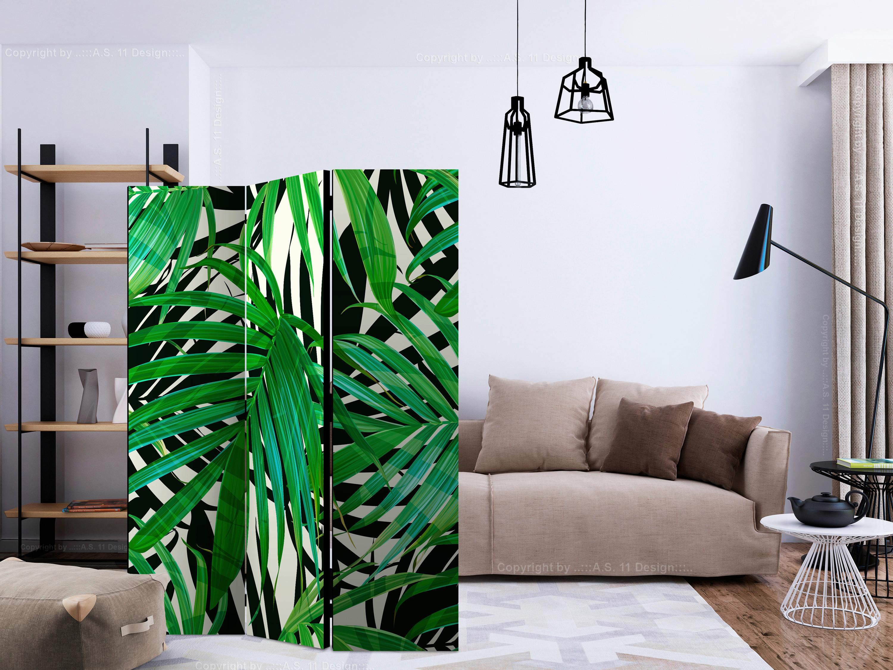 Paravan Tropical Leaves, 3-Delni, Dvostranski - zelena/bela, Basics, tekstil/les (135/172/3cm) - artgeist