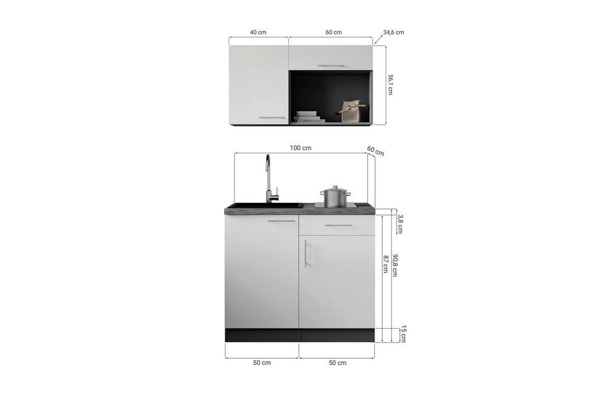 Miniküche Oliver m. Gerät ca. 100cm Grau - Grau, Trend, Holzwerkstoff/Metall (100cm) - Respekta