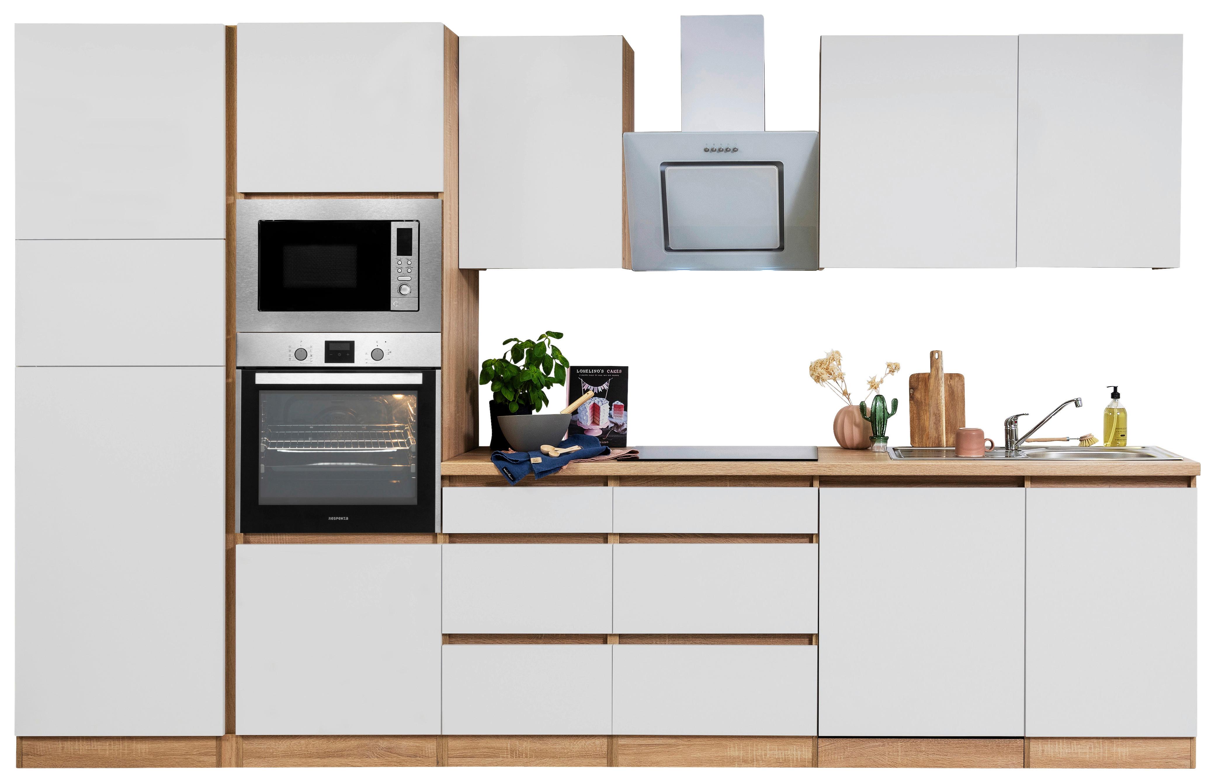 Küchenblock Lorena mit Geräten ca. 345 cm Weiß - Eichefarben/Weiß, Basics, Holzwerkstoff (345cm) - Respekta