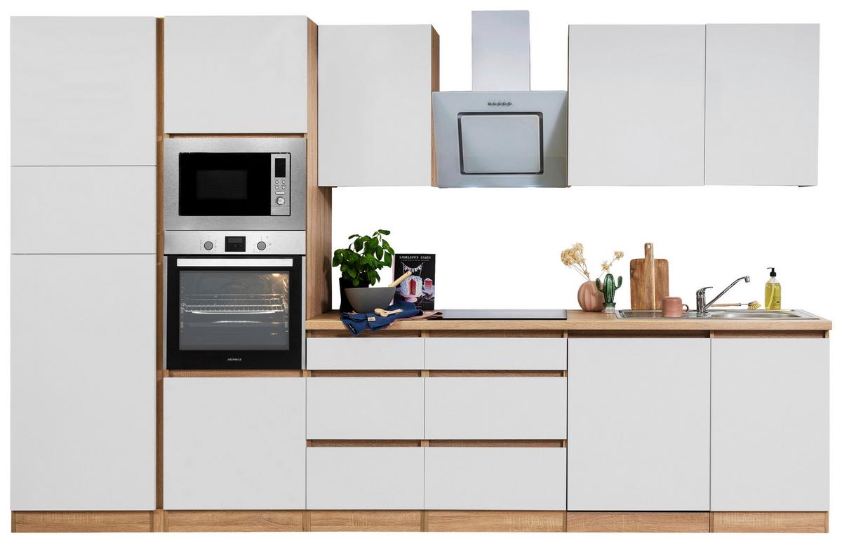 Küchenblock Lorena mit Geräten ca. 345 cm Weiß - Eichefarben/Weiß, Basics, Holzwerkstoff (345cm) - Respekta