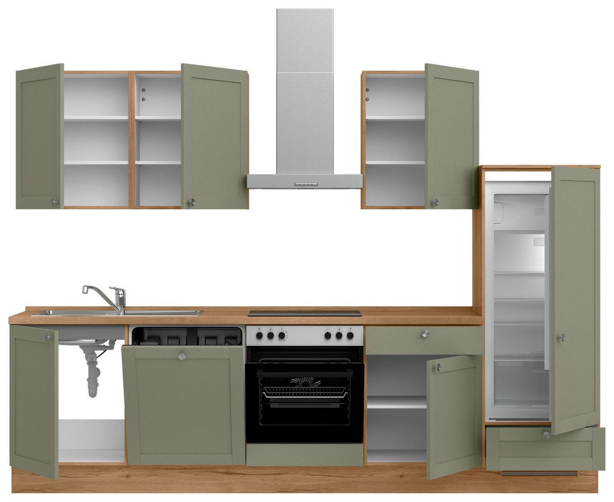 Küchenleerblock Frame Low o. Geräte Olivgrün - Edelstahlfarben/Eichefarben, MODERN, Holzwerkstoff/Metall (300cm) - Nobilia