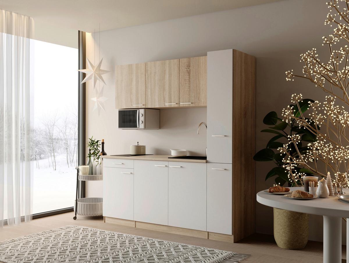 Küchenblock Ingrid m. Geräten Weiß - Eichefarben/Alufarben, Design, Holzwerkstoff/Kunststoff (180cm) - Respekta