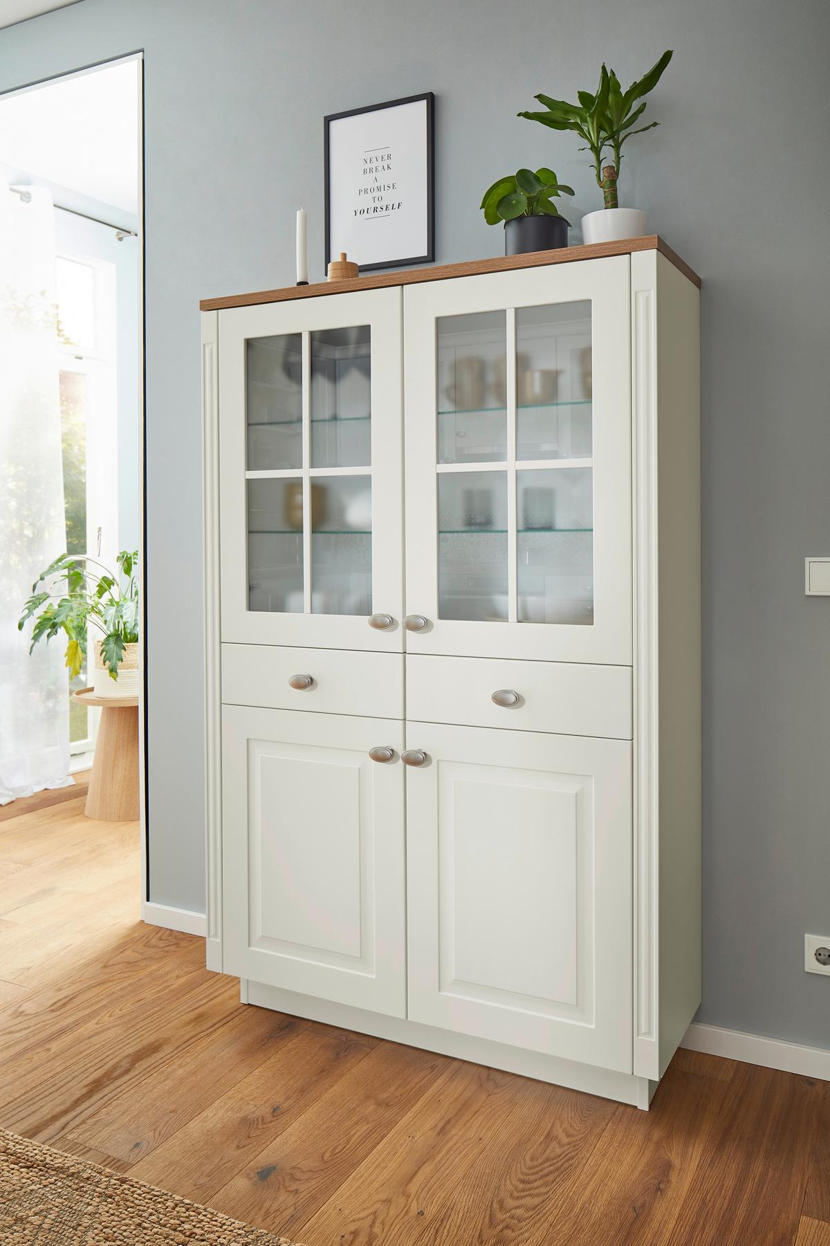 Eckküche Sylt ohne Geräte, Alpinweiss - Edelstahlfarben/Eichefarben, ROMANTIK / LANDHAUS, Holzwerkstoff/Metall (235/267cm) - Nobilia