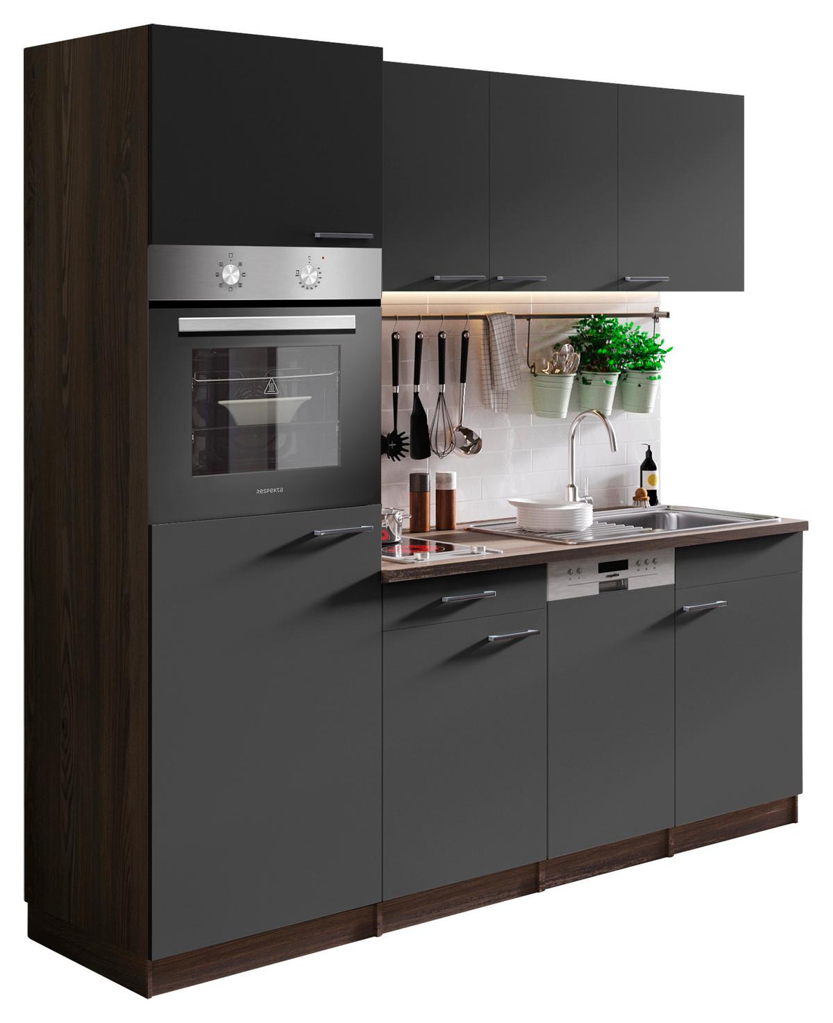 Küchenblock Oliver mit Geräten ca. 205 cm Grau - Eichefarben/Alufarben, Basics, Holzwerkstoff/Kunststoff (205cm) - Respekta