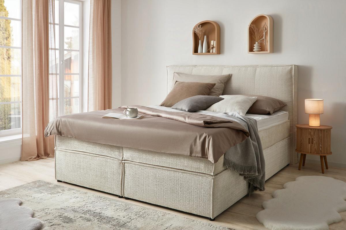 ŁÓŻKO BOXSPRING LION - beżowy/czarny, Konventionell, materiał drewnopochodny/tkanina (160/200cm) - Premium Living