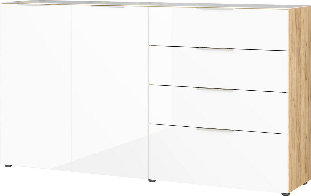 Sideboard Oakland in Weiss/Eichefarben - Chromfarben/Weiss, Modern, Glas/Holzwerkstoff (184/102/42cm) - Premium Living